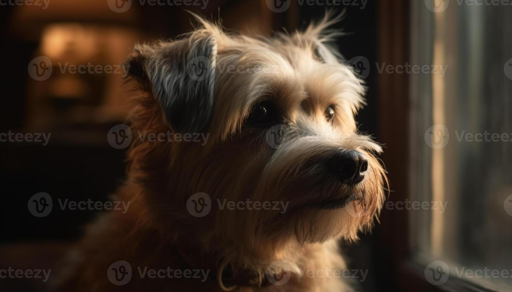 schattig terriër puppy zittend buitenshuis, op zoek Bij camera gegenereerd door ai foto