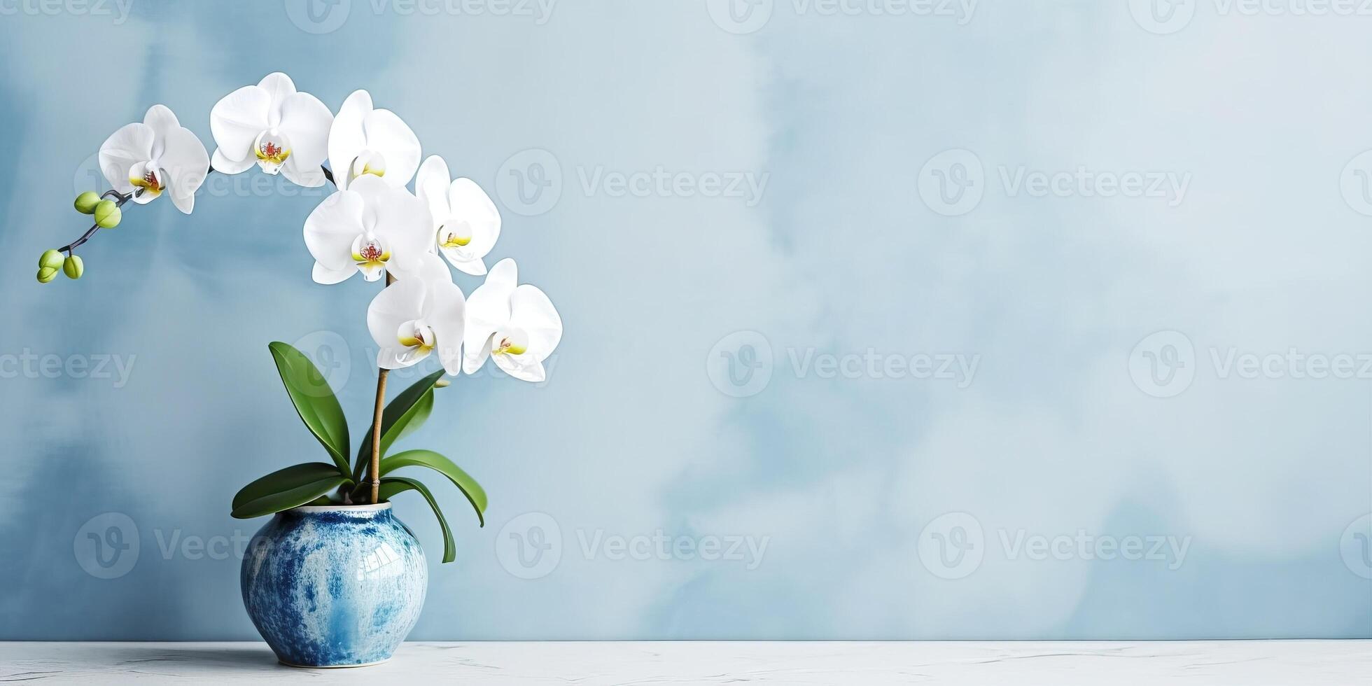 portret vaas van orchidee bloemen Aan de tafel met licht blootstelling ai generatief foto