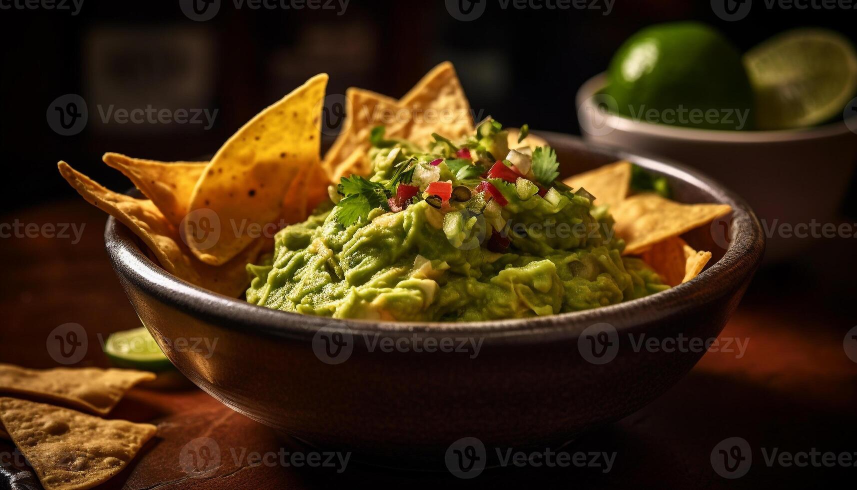 vers guacamole dip met knapperig tortilla chips gegenereerd door ai foto