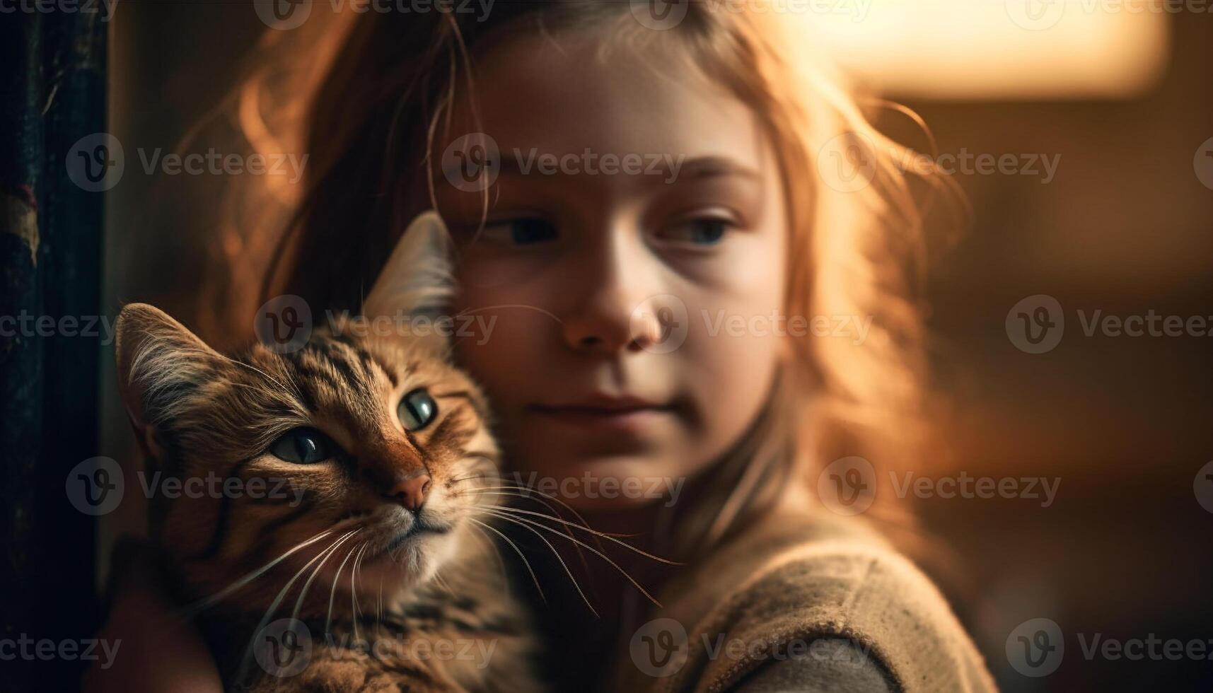 glimlachen kind omarmt speels katje binnenshuis gelukkig gegenereerd door ai foto
