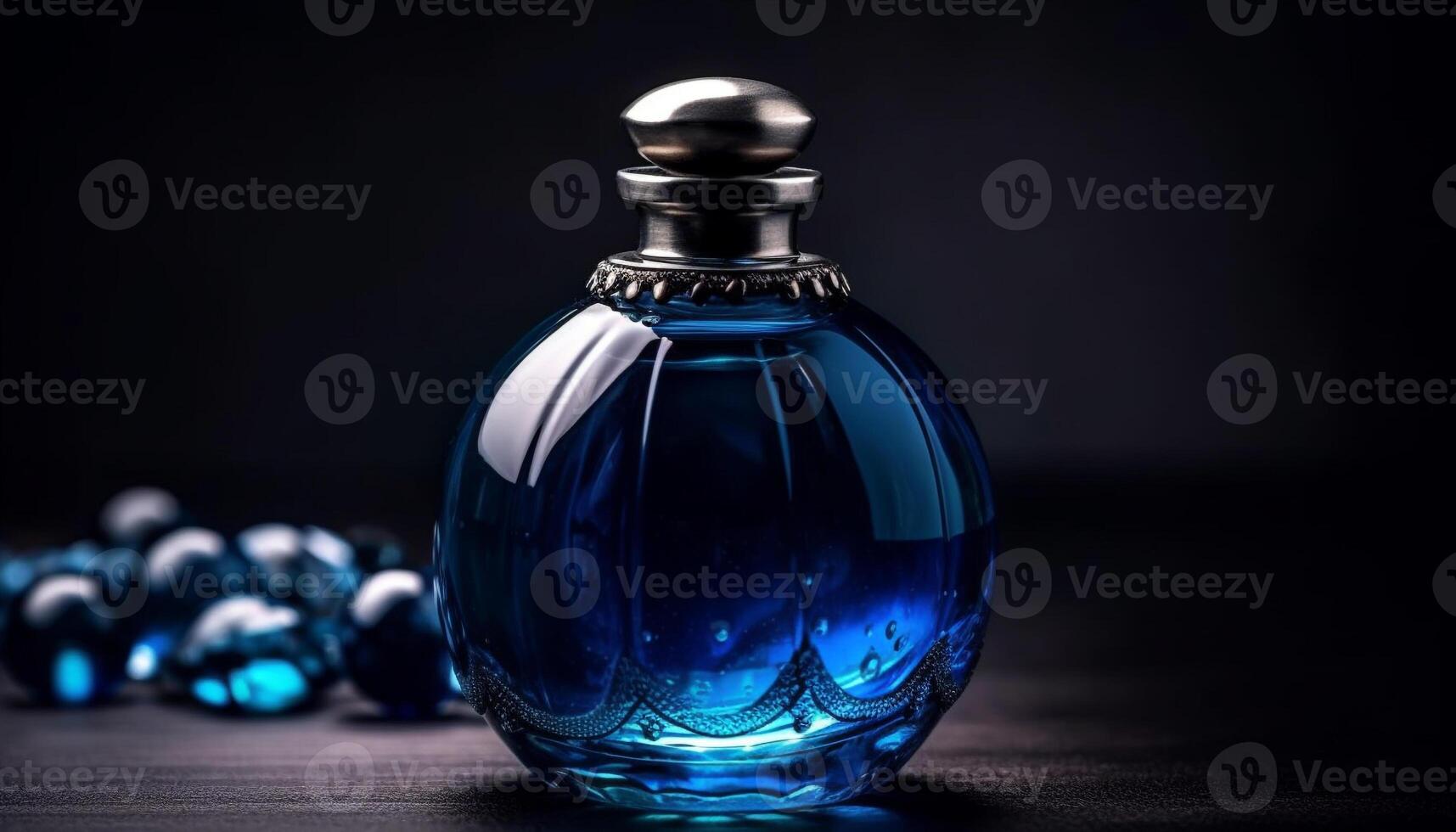 transparant glas fles houdt vers blauw whisky, luxe Aan tafel gegenereerd door ai foto