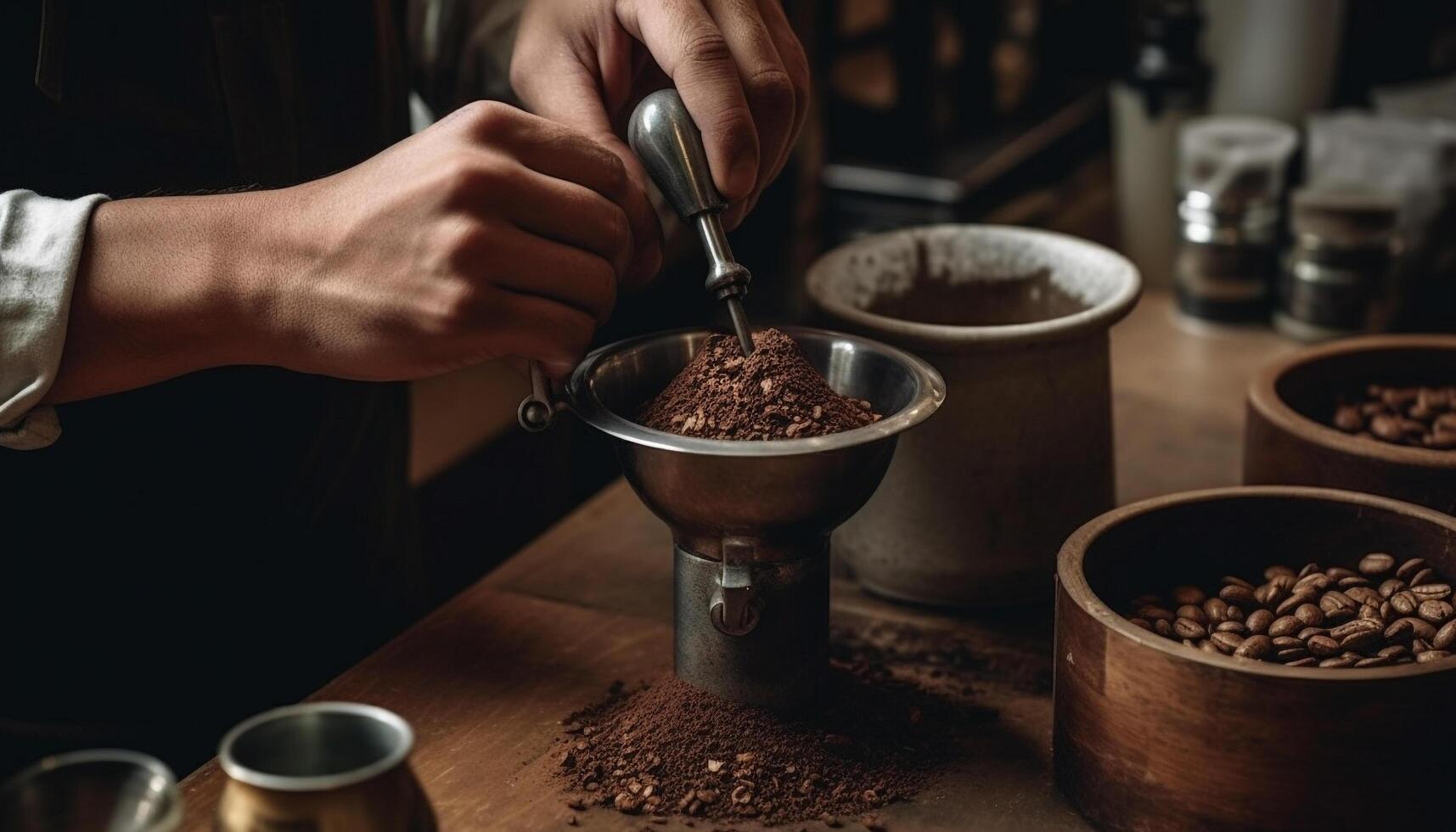 barista hand- maalt vers koffie voor latte gegenereerd door ai foto