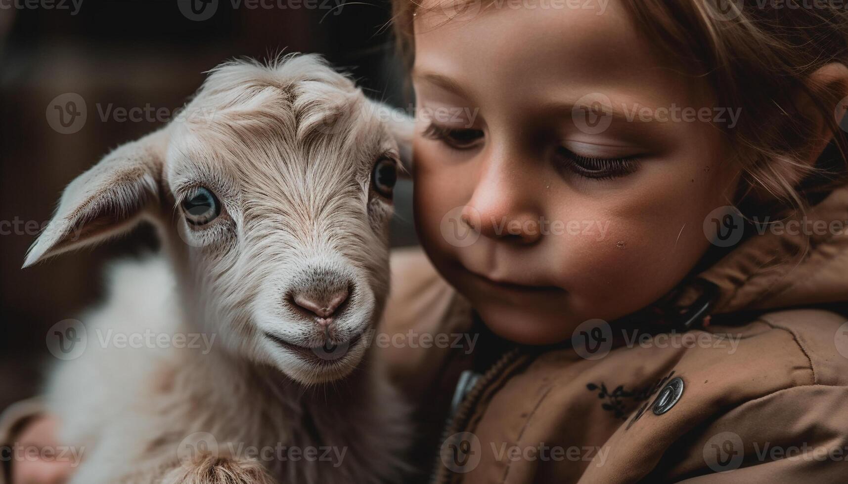 glimlachen meisje en nieuwsgierig geit genieten boerderij leven gegenereerd door ai foto