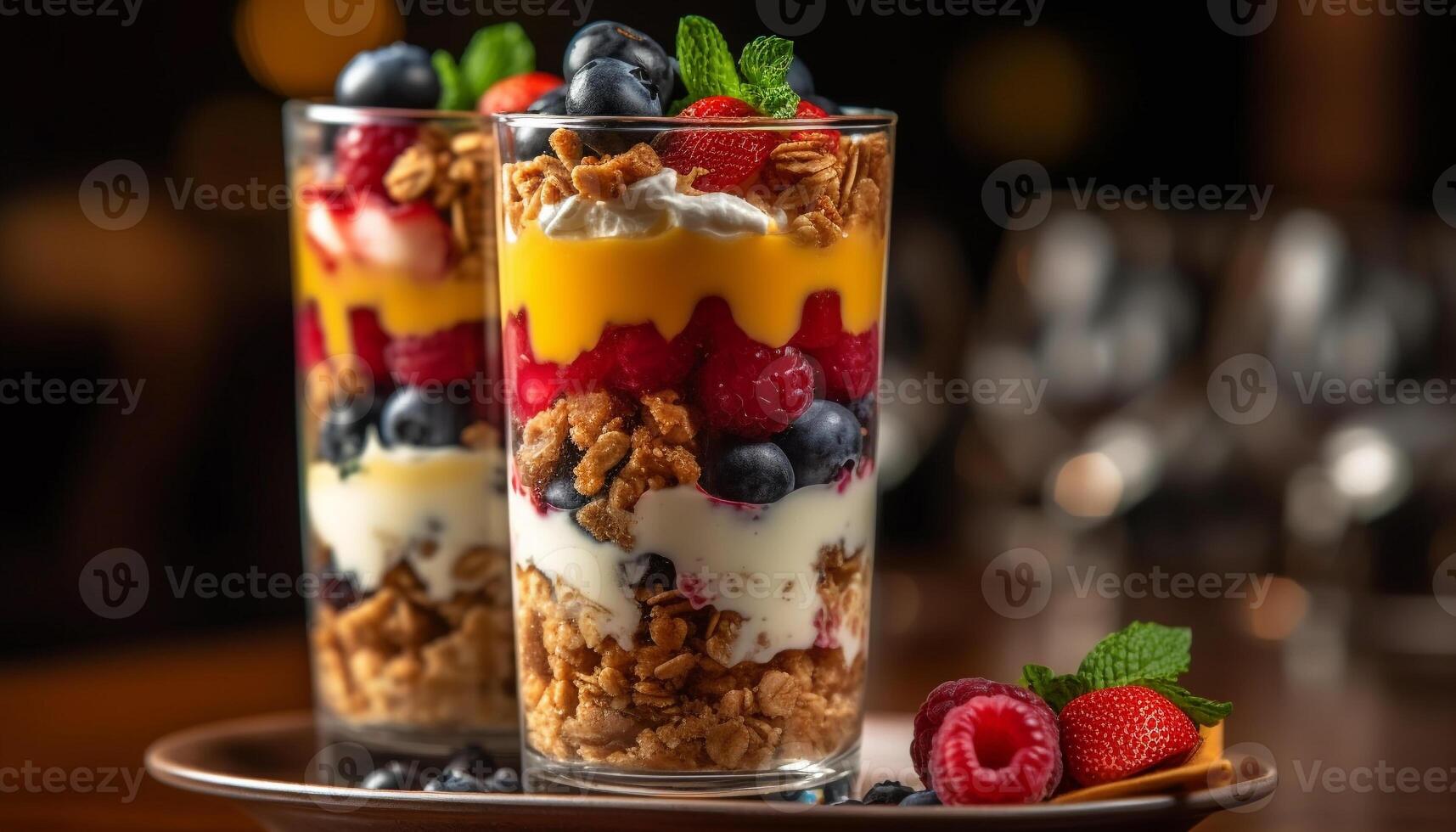 biologisch BES parfait met muesli en yoghurt gegenereerd door ai foto