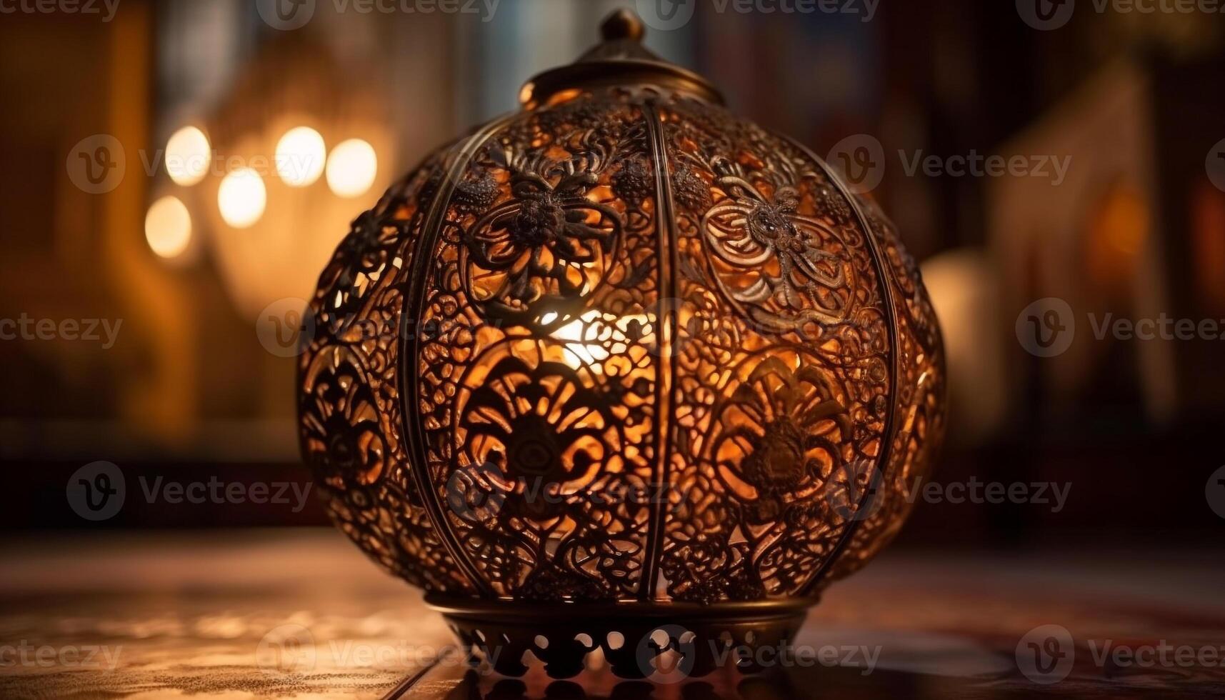 gloeiend lantaarn verlicht overladen, oud fashioned decoratie binnenshuis gegenereerd door ai foto