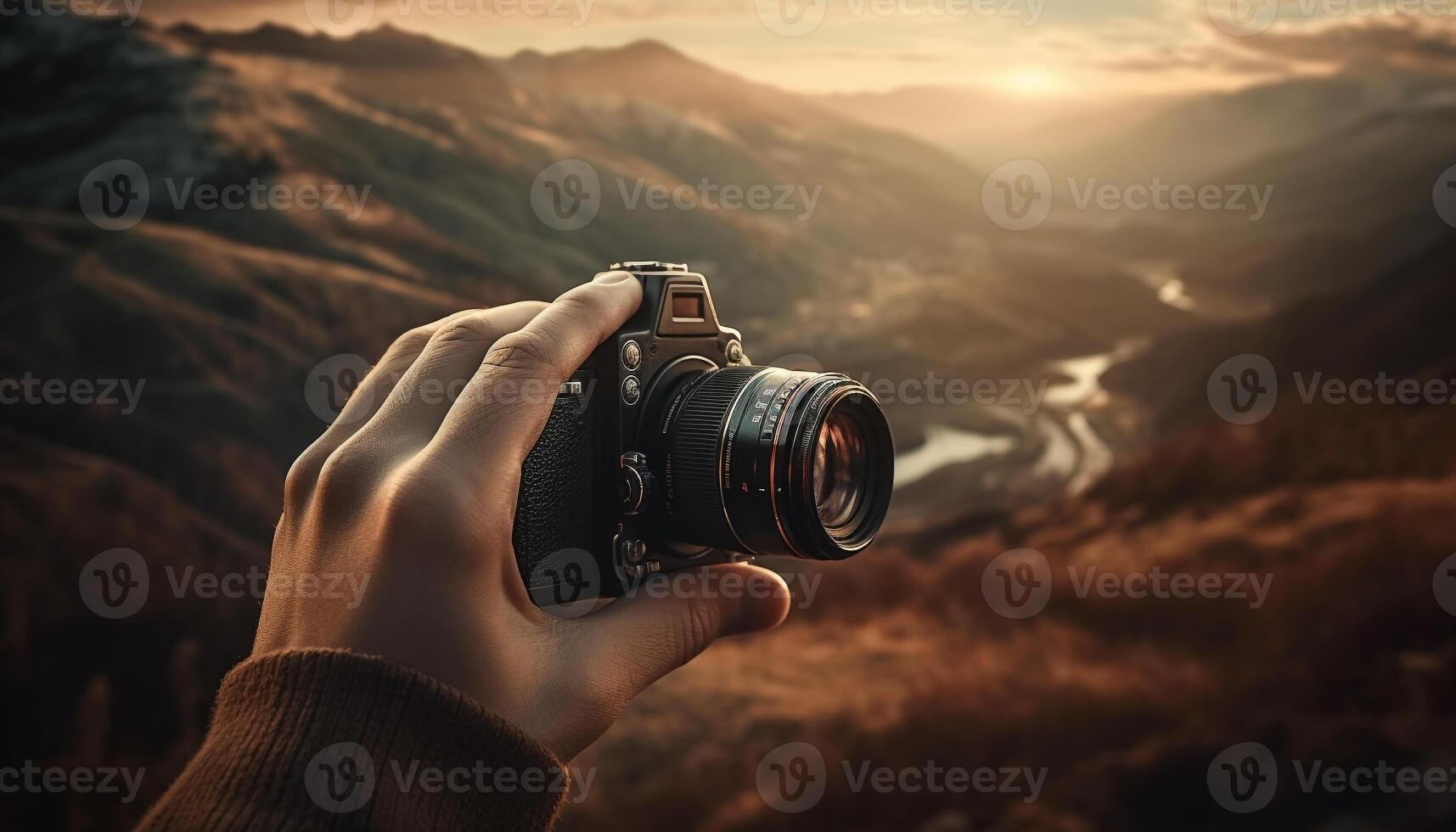 Kaukasisch mannetje fotograaf vangt natuur herfst schoonheid gegenereerd door ai foto