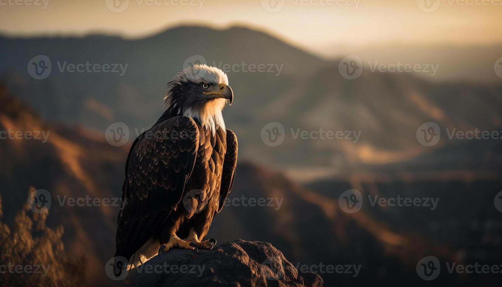 majestueus kaal adelaar neerstrijken Aan berg top gegenereerd door ai foto