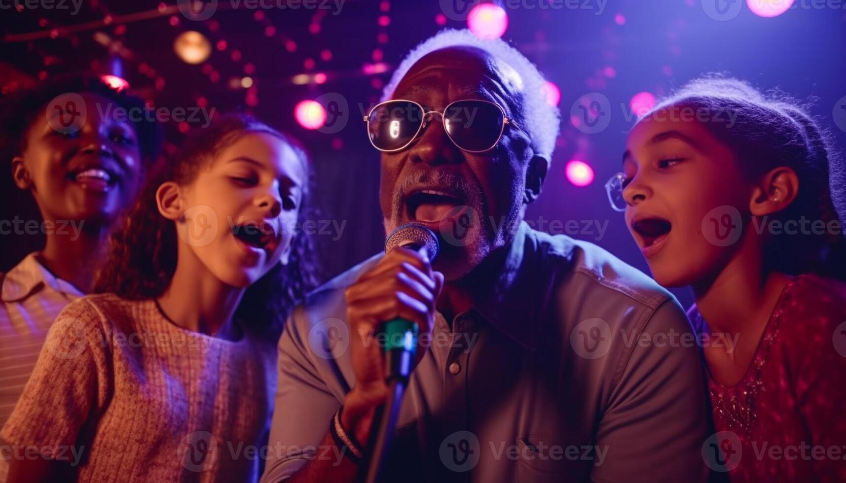 groep het zingen Bij verlichte nachtclub brengt saamhorigheid gegenereerd door ai foto