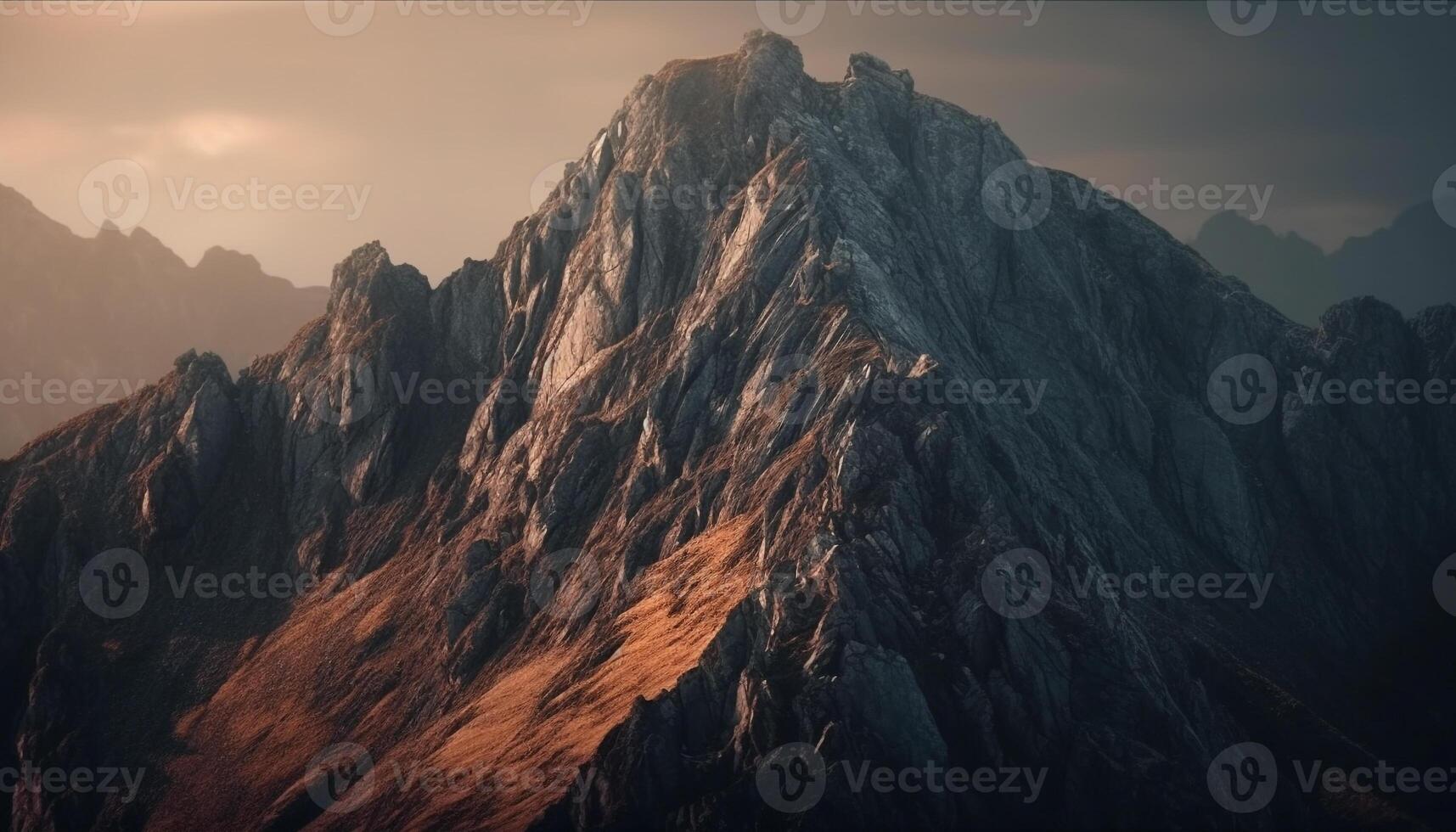 majestueus berg top Bij zonsondergang, een avontuur gegenereerd door ai foto