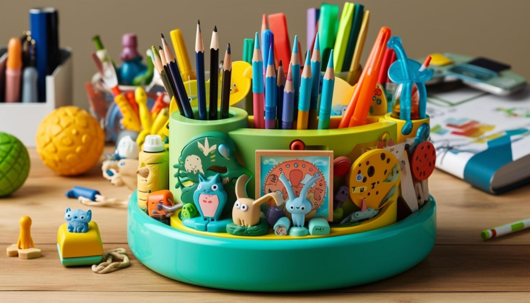 creatief kinderjaren pret met veelkleurig speelgoed en papier gegenereerd door ai foto