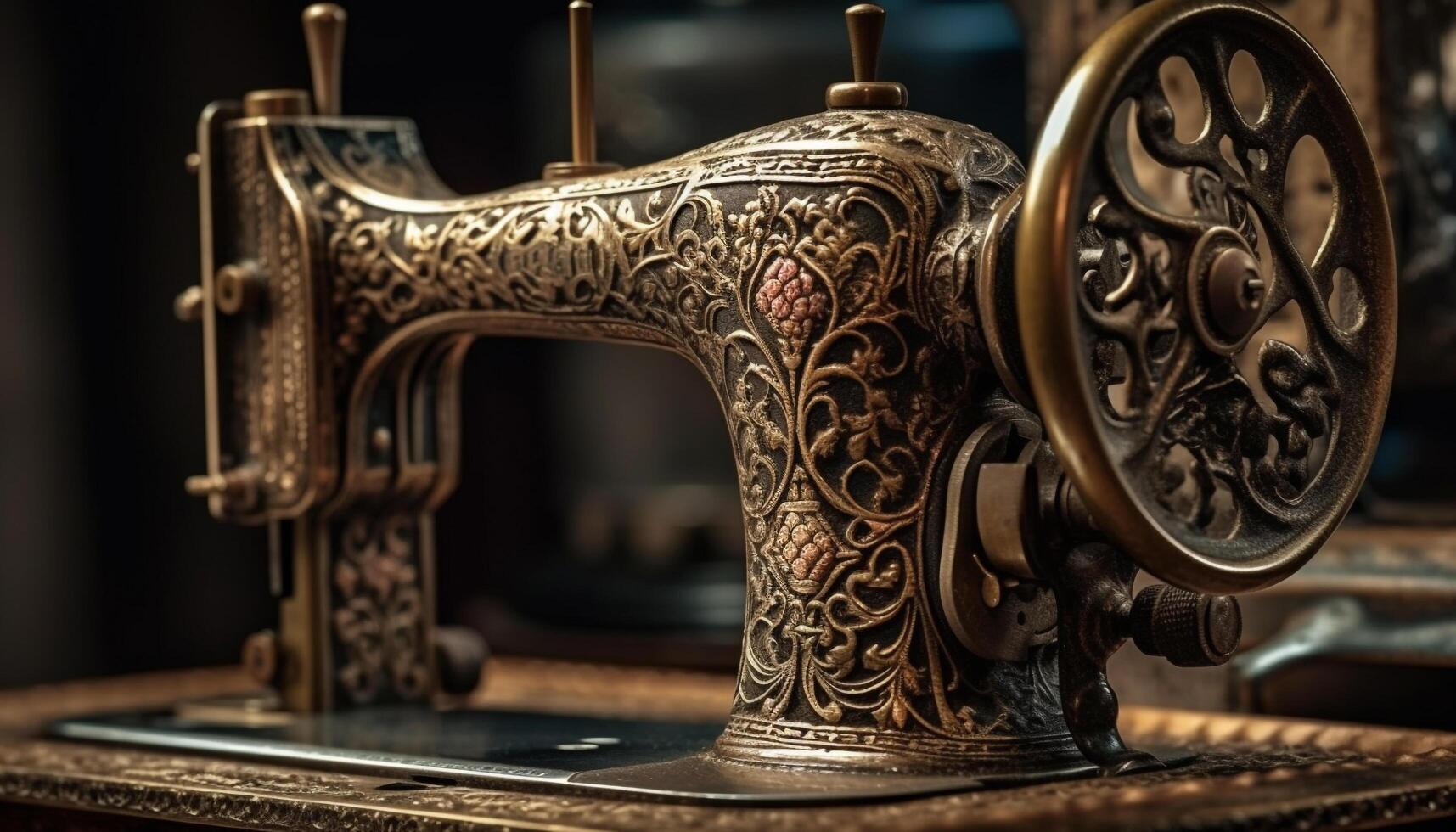 antiek naaien uitrusting Aan hout tafel creativiteit in overvloed gegenereerd door ai foto