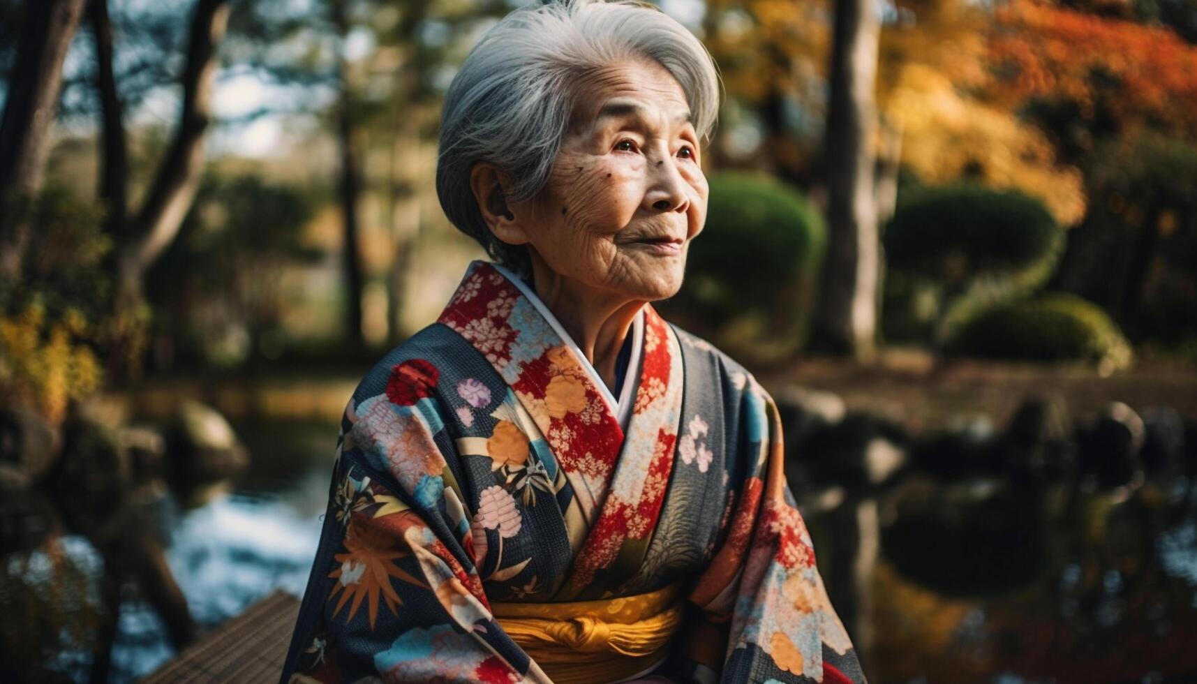 senior vrouw glimlacht in traditioneel Japans kleding gegenereerd door ai foto