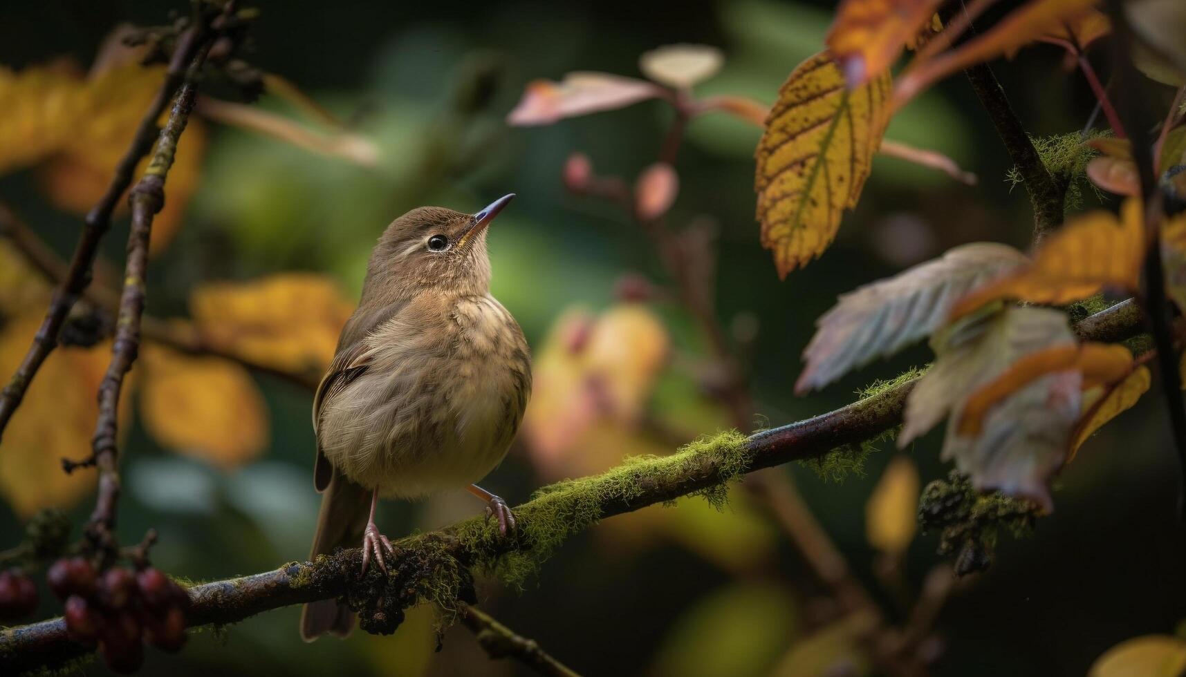 klein zangvogel neergestreken Aan tak, herfst kleuren gegenereerd door ai foto