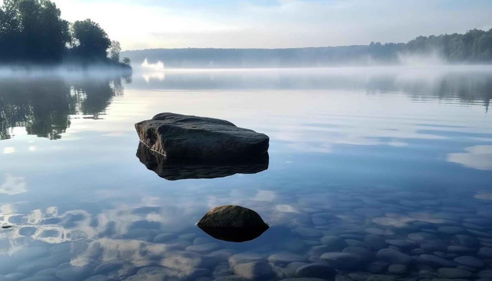 rustig zonsondergang reflecterend Aan berg meer oppervlakte gegenereerd door ai foto