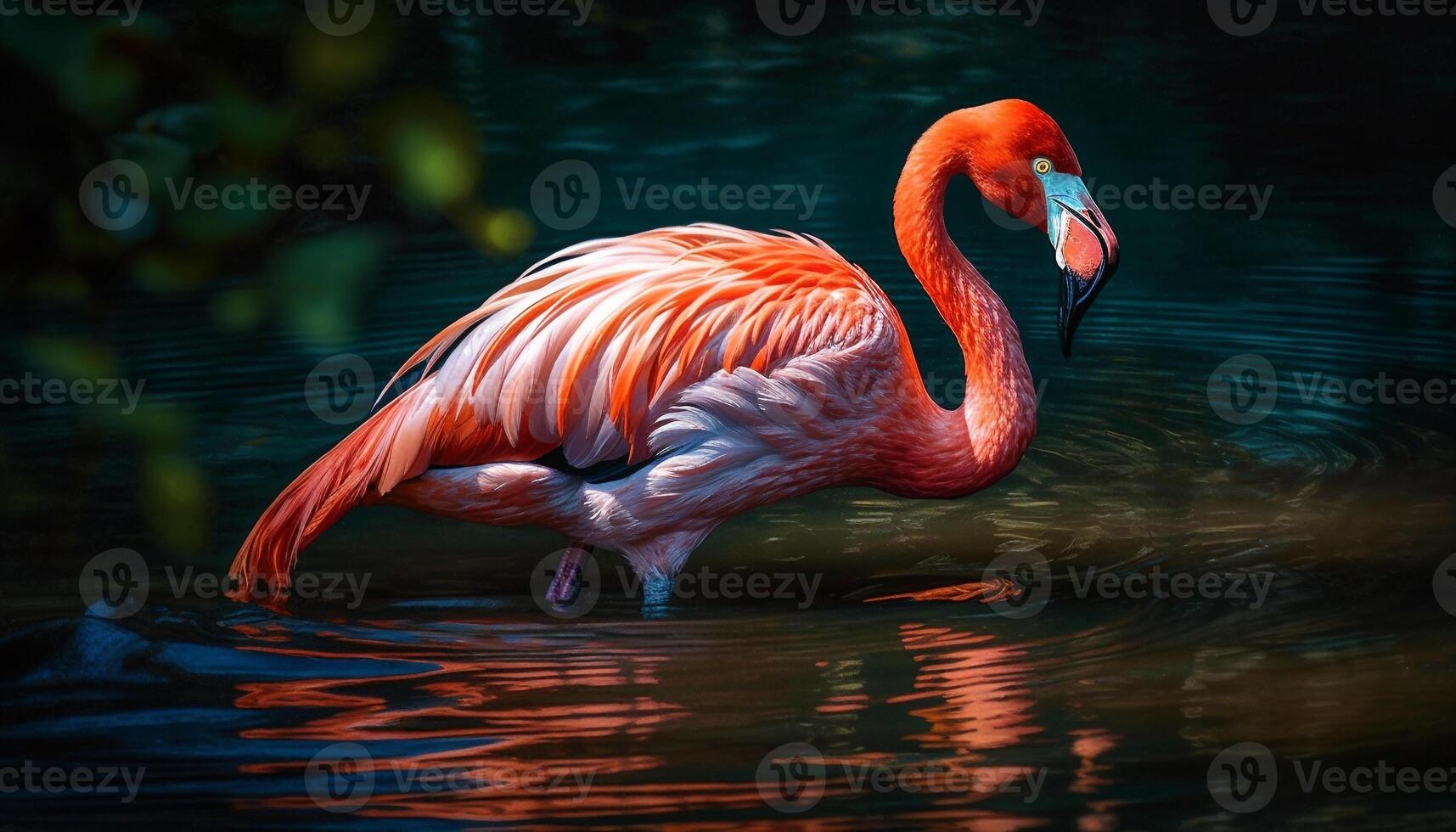 levendig flamingo staat hoog in rustig vijver gegenereerd door ai foto