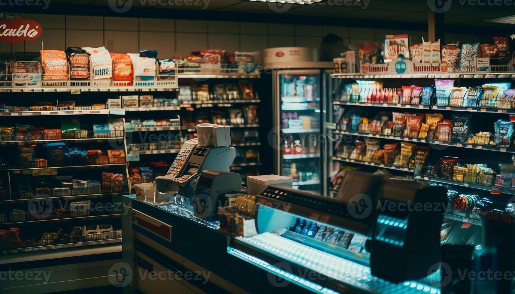 verscheidenheid van handelswaar Aan supermarkt op te slaan schappen gegenereerd door ai foto