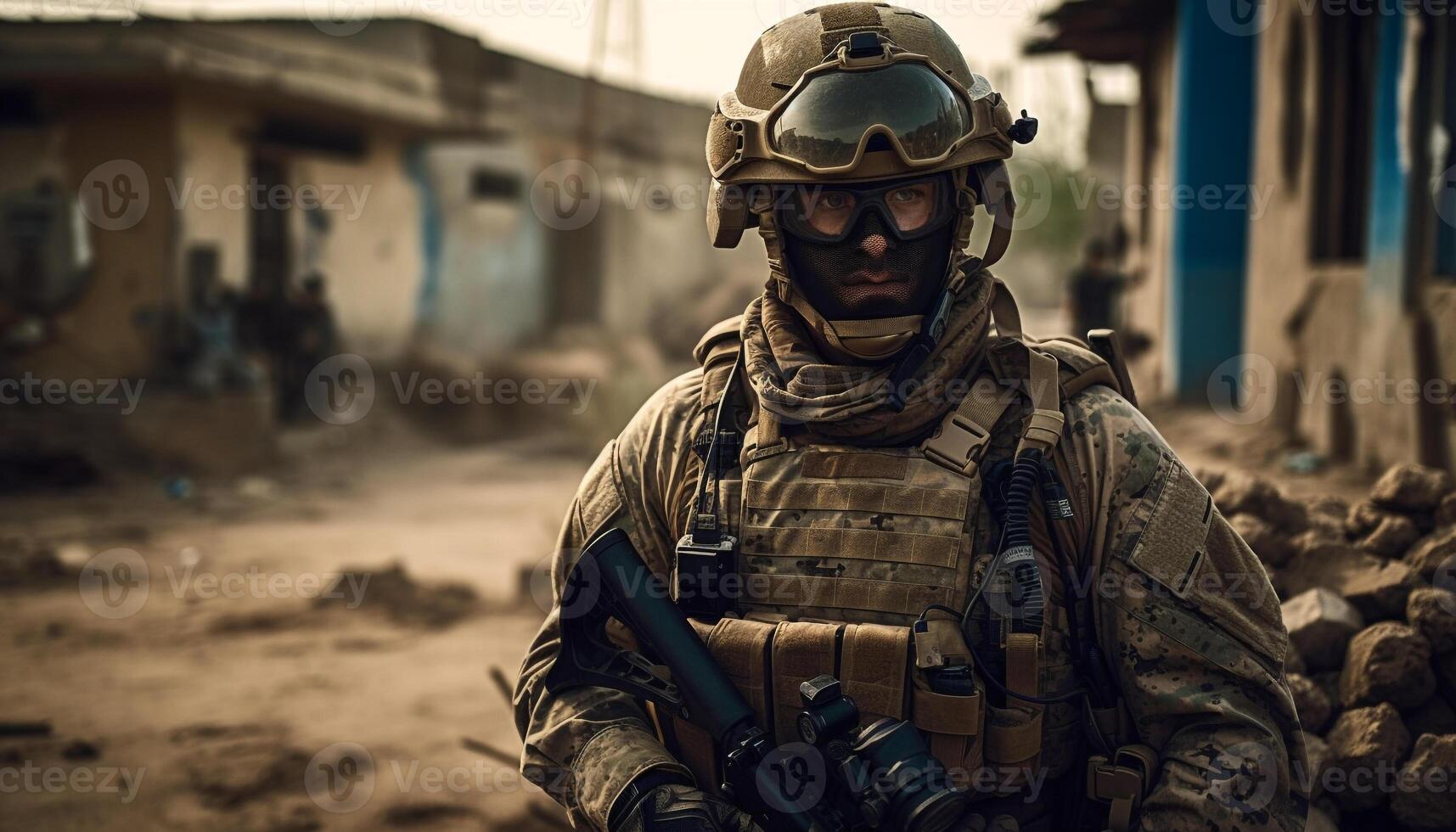 een leger soldaat het richten geweer- voor conflict gegenereerd door ai foto