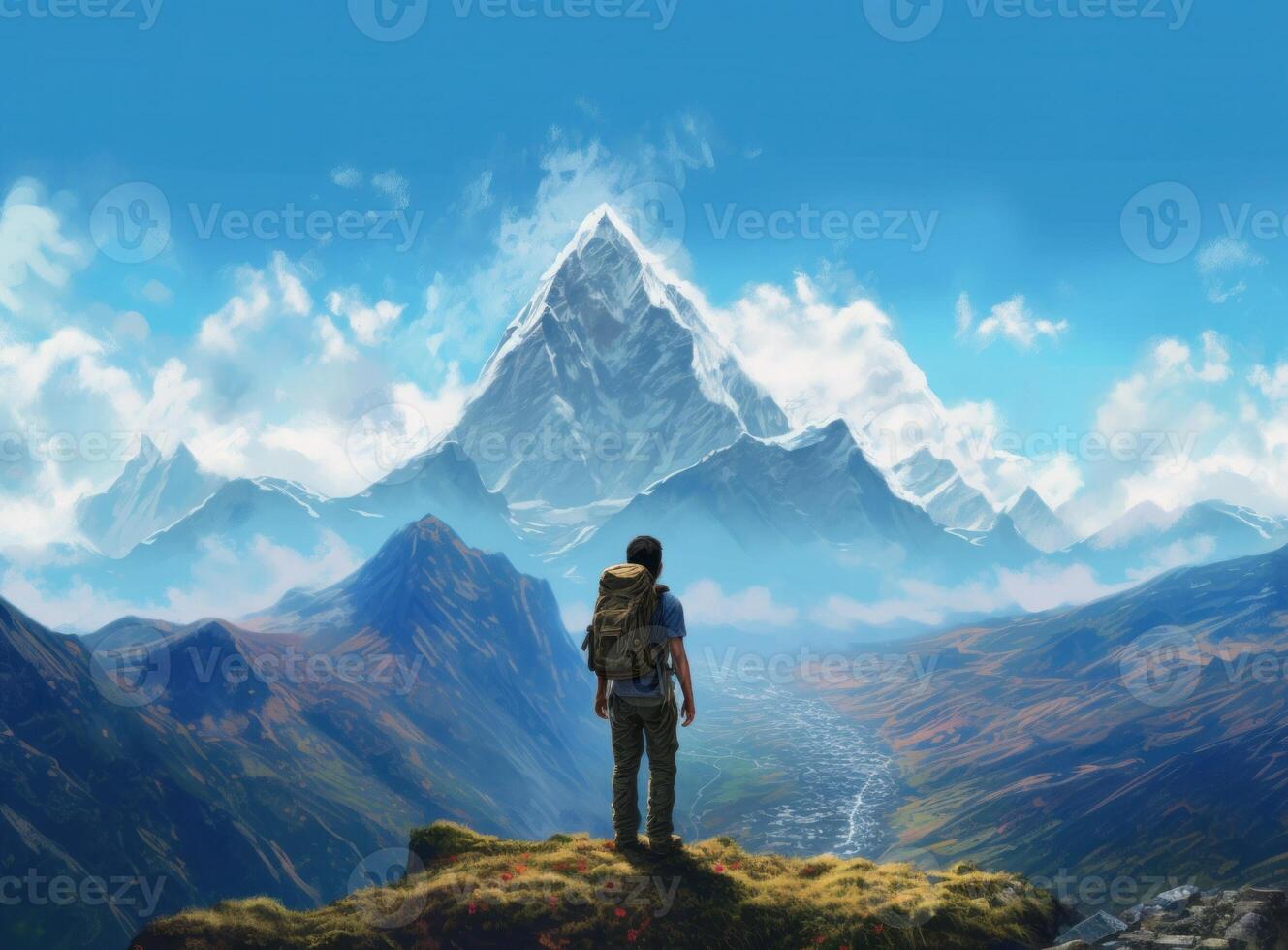 een Mens staand Aan rots Aan een berg met uitzicht de wolken. illustratie ai generatief foto