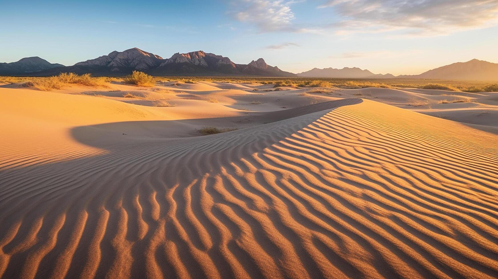 natuur fotografie, zonsopkomst, laag naar de grond, wind geveegd zand duinen, zand rimpelingen, schrobben borstel, lang lichtgevend schaduwen, berg reeks in de afstand, fotograaf, filmische verlichting, ai gegenereerd foto