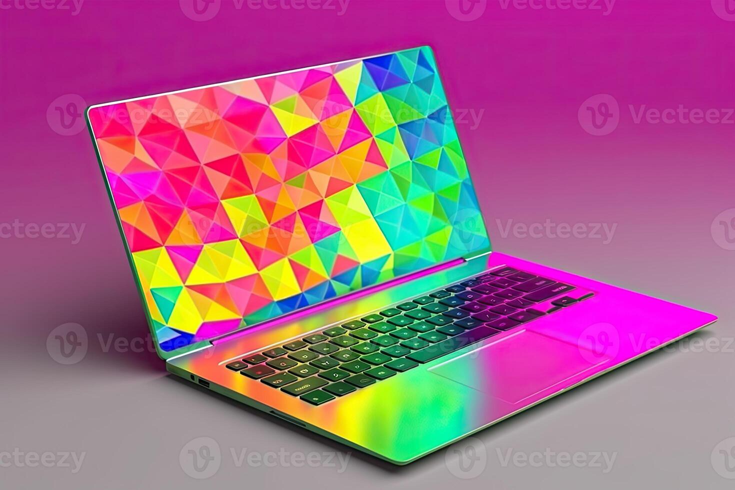 kleurrijk meetkundig kunst scherm van notitieboekje computer of laptop Aan roze en grijs achtergrond. generatief ai technologie. foto