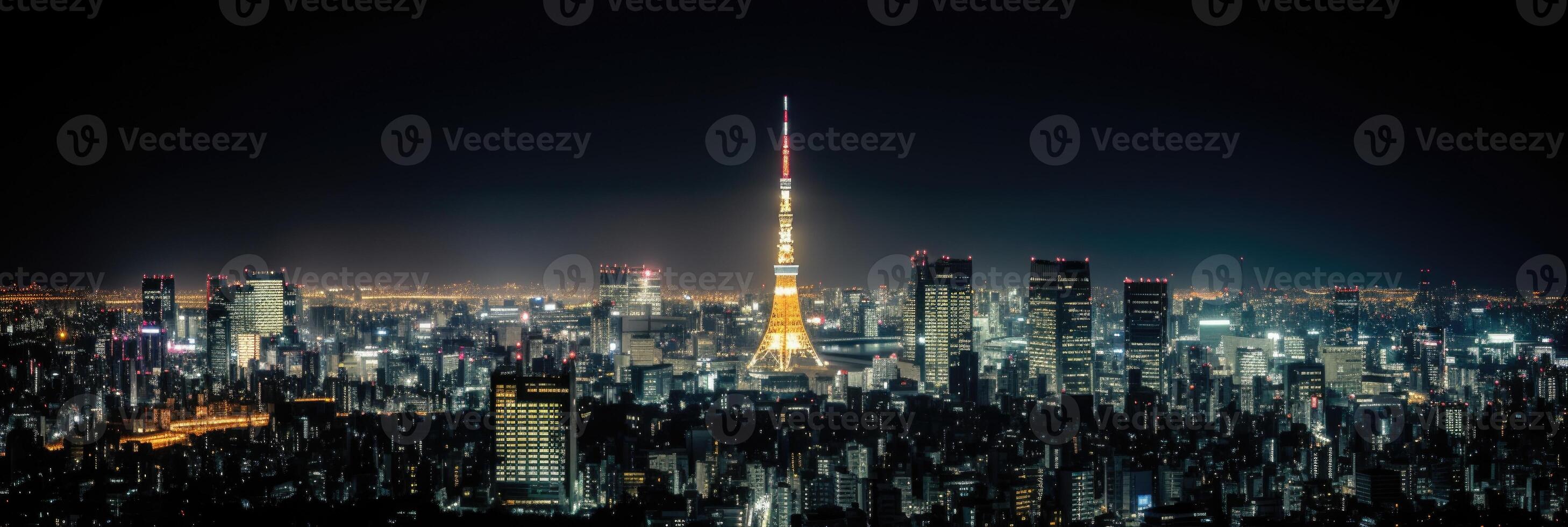 verlichte tokyo stad met horizon, woon- gebouwen in Japan Bij nacht visie. generatief ai technologie. foto