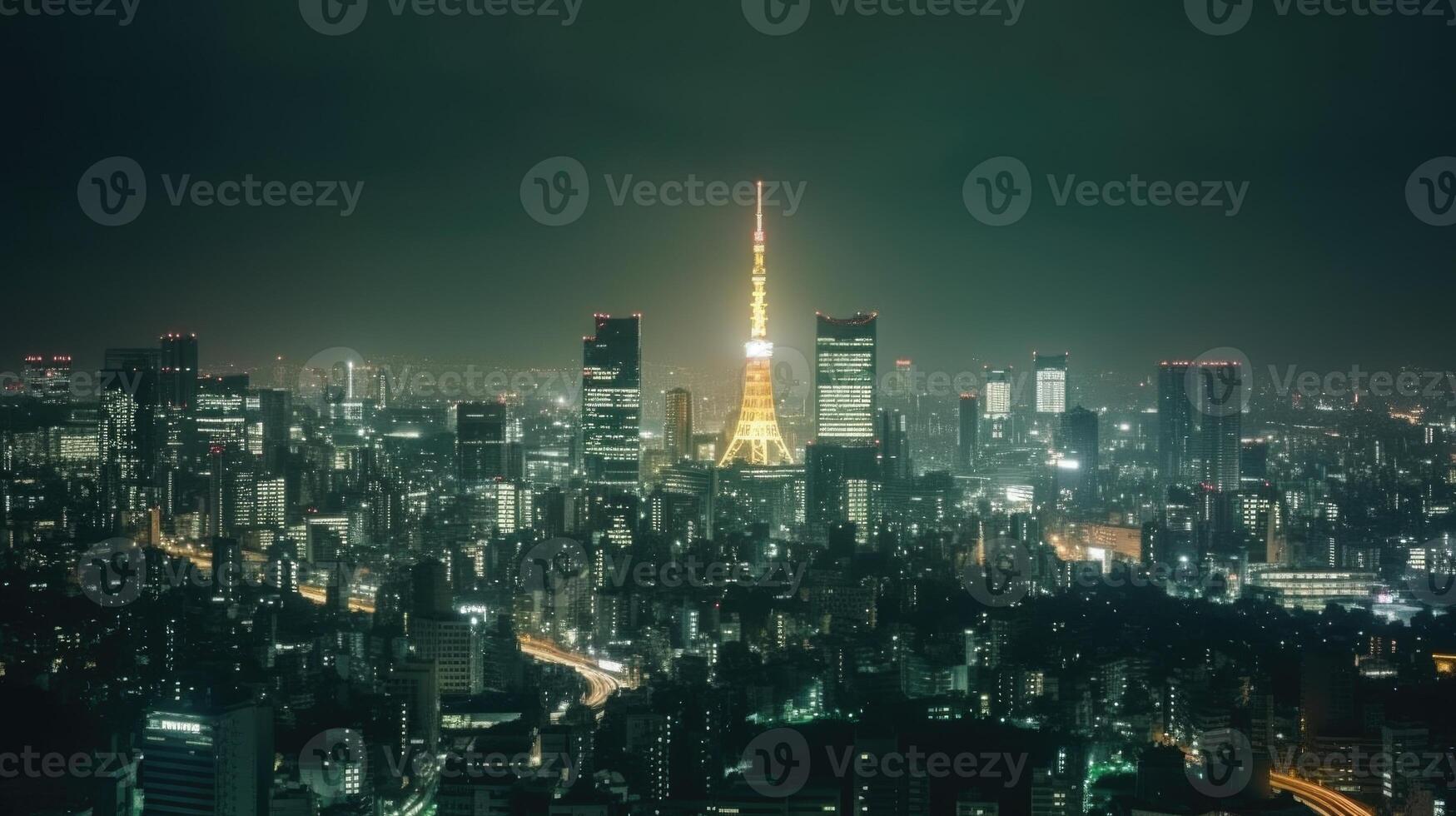 verlichte tokyo stad met horizon, woon- gebouwen in Japan Bij nacht visie. generatief ai technologie. foto