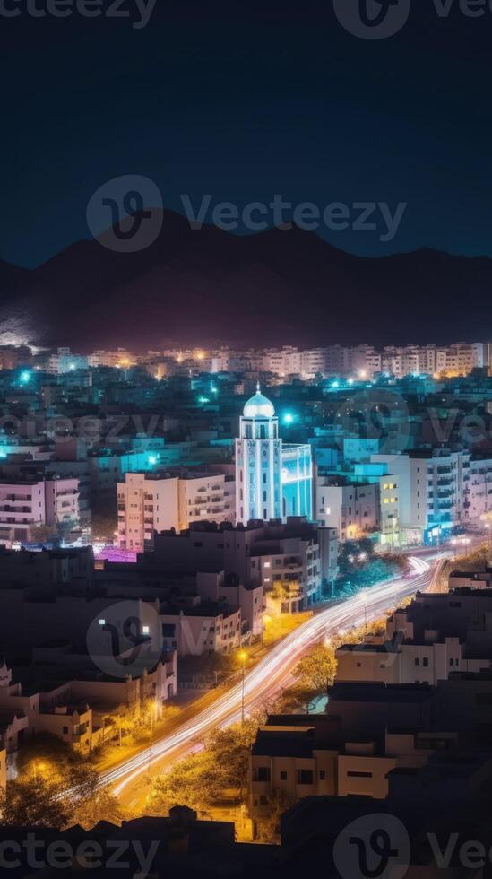 oogverblindend nacht stadsgezicht van muskaat, Oman horizon en woon- gebouwen. generatief ai technologie. foto