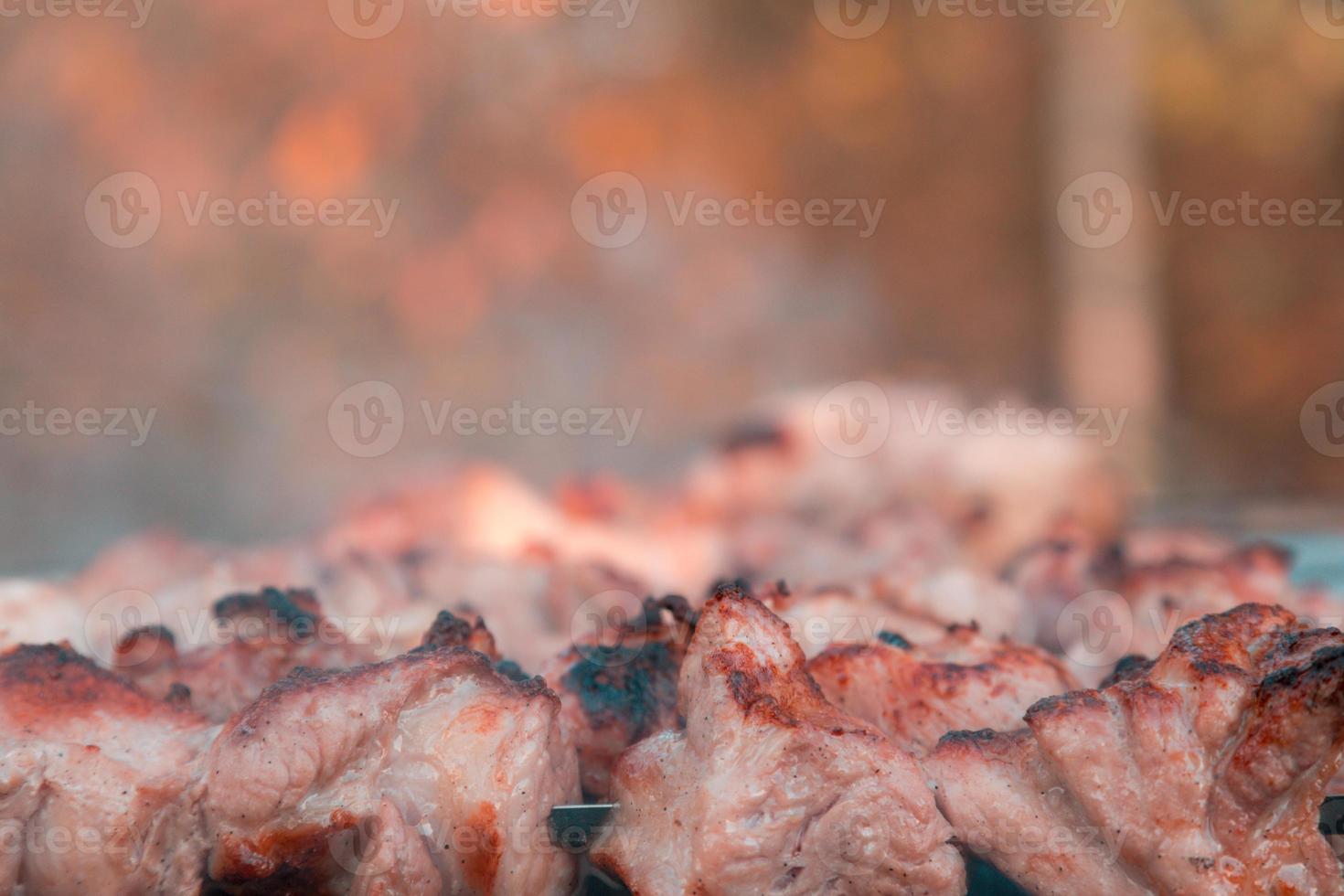 shish kebab op spiesjes en hete kolen met rook foto