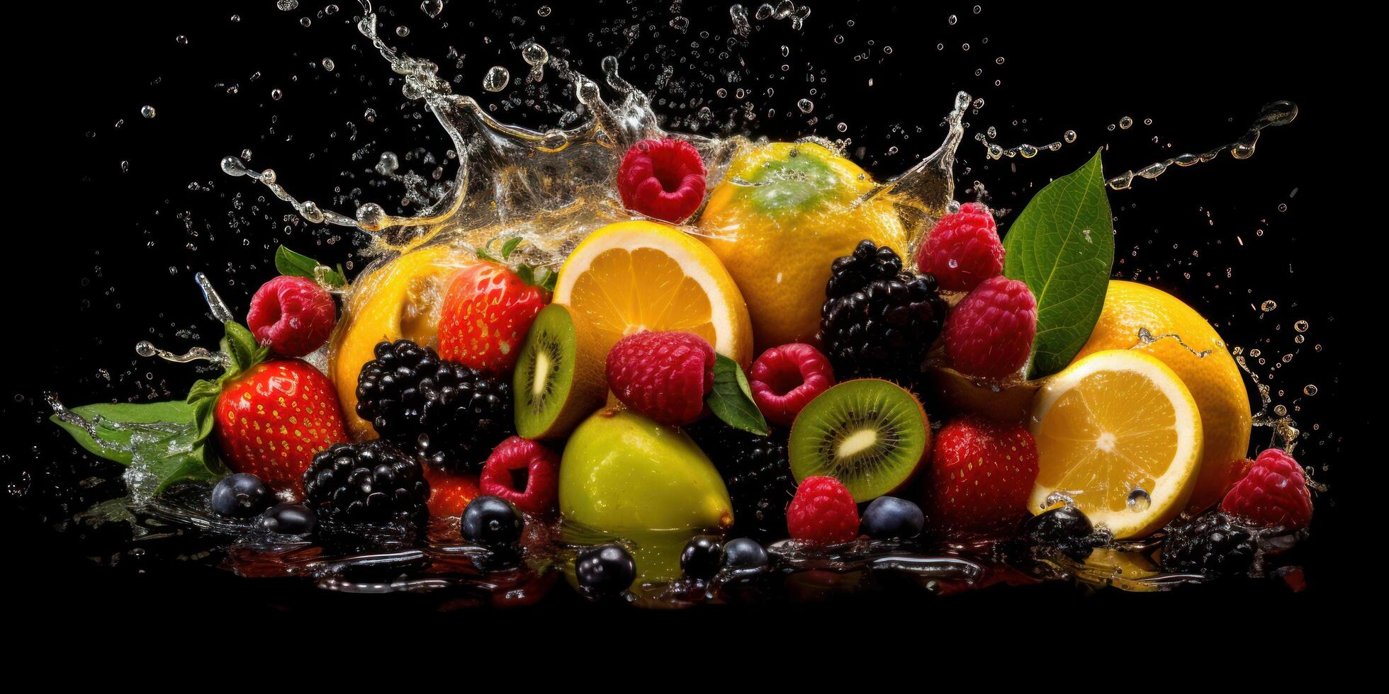 divers fruit met water plons Aan donker achtergrond, gezond fruit rijk in vitamines. generatief ai foto