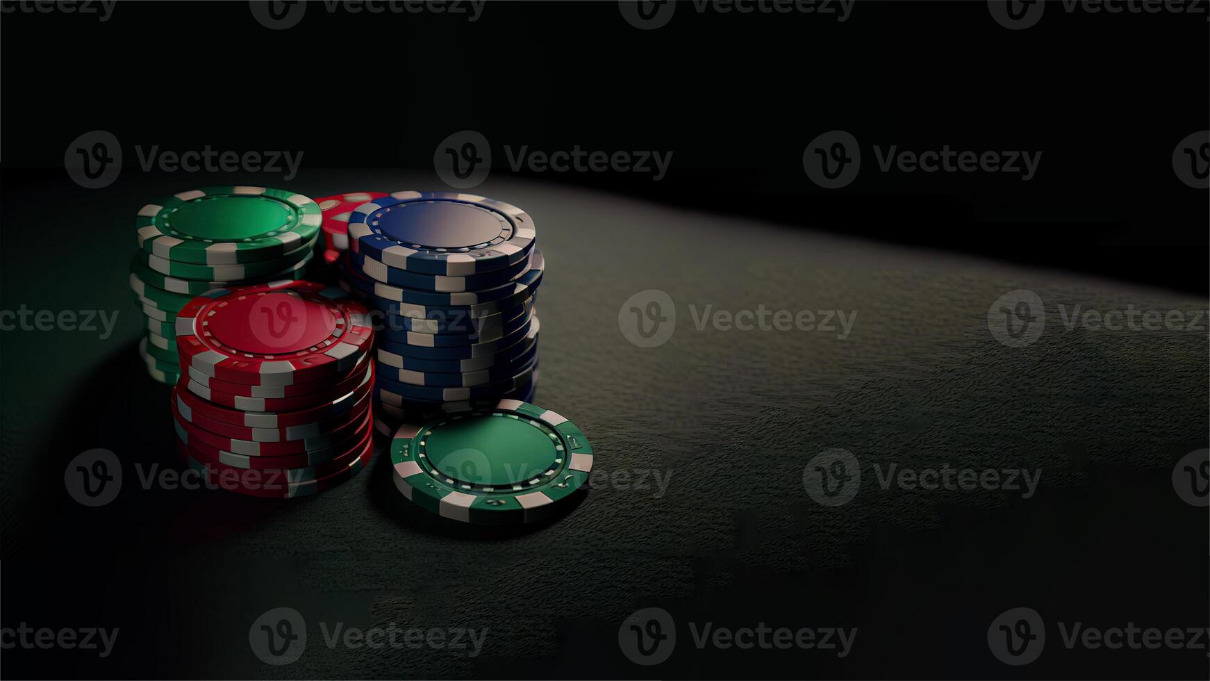 stack van kleurrijk poker chips en kopiëren ruimte Aan donker achtergrond voor casino spel. wedden Aan een beter financieel toekomst, generatief ai technologie. foto