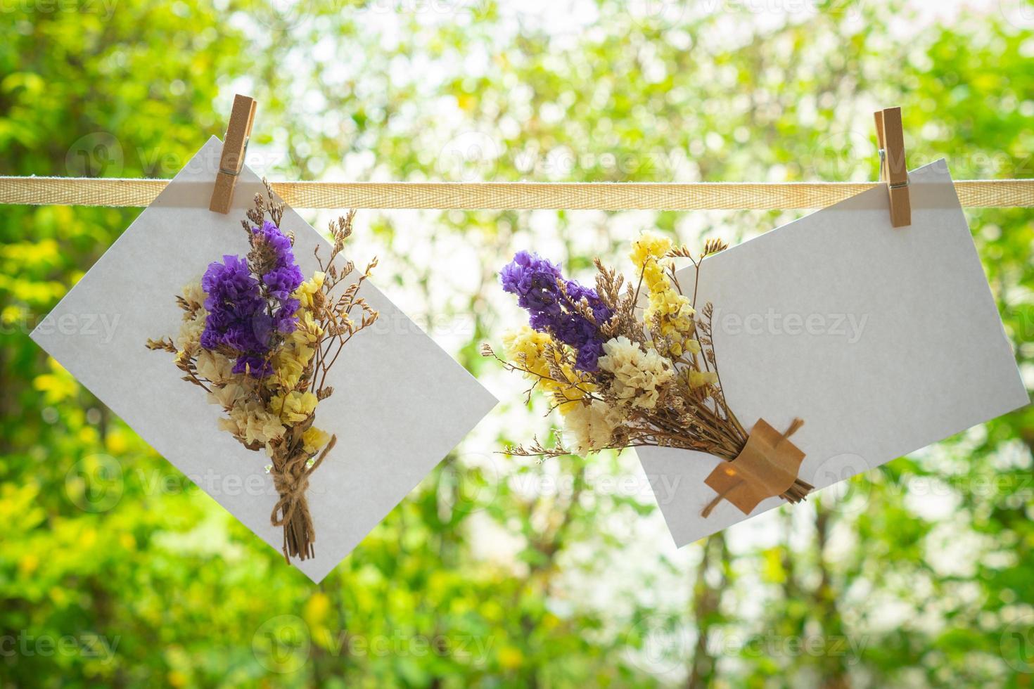 droge paarse en witte en gele bloemen versieren op het witte papier geknipt op de lijn met groene achtergrond foto