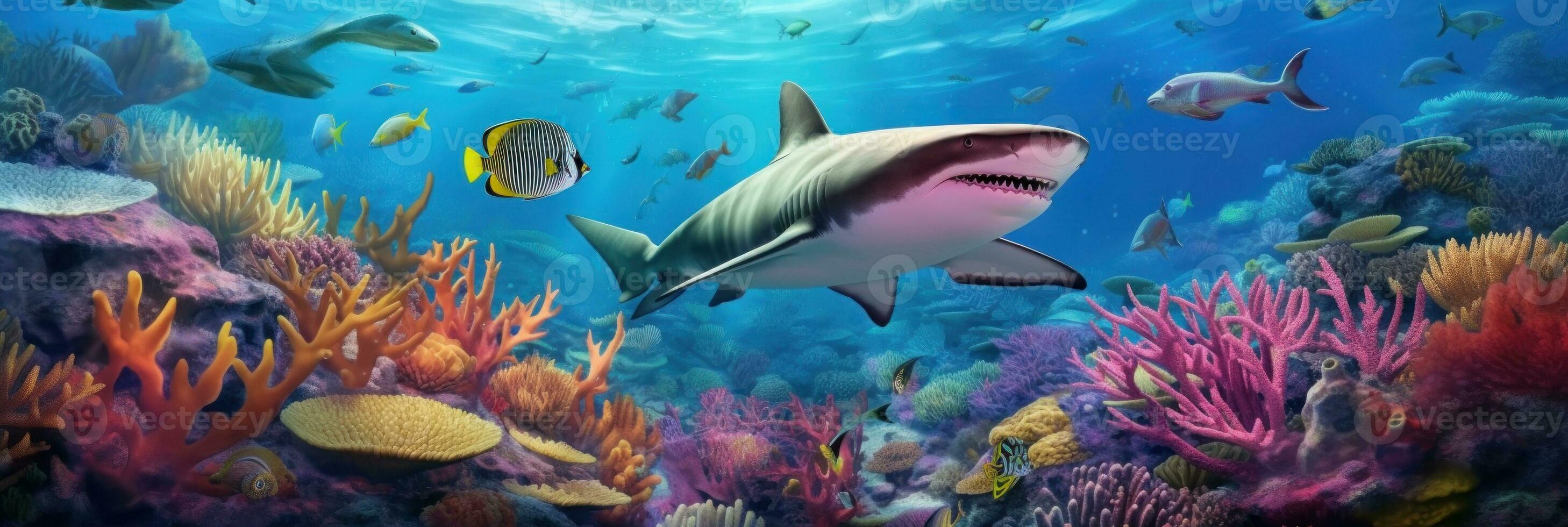 koraal rif landschap en tijger haai. illustratie ai generatief foto