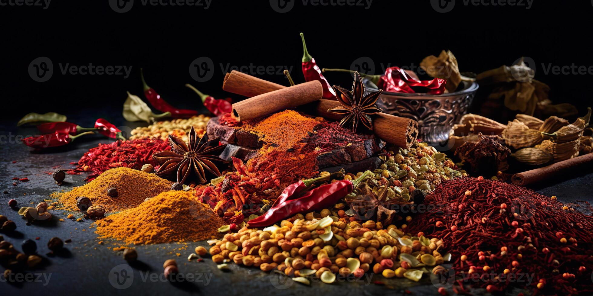 ai gegenereerd. ai generatief. reeks van verschillend Indisch specerijen voor meny voedsel lekker. grafisch kunst foto