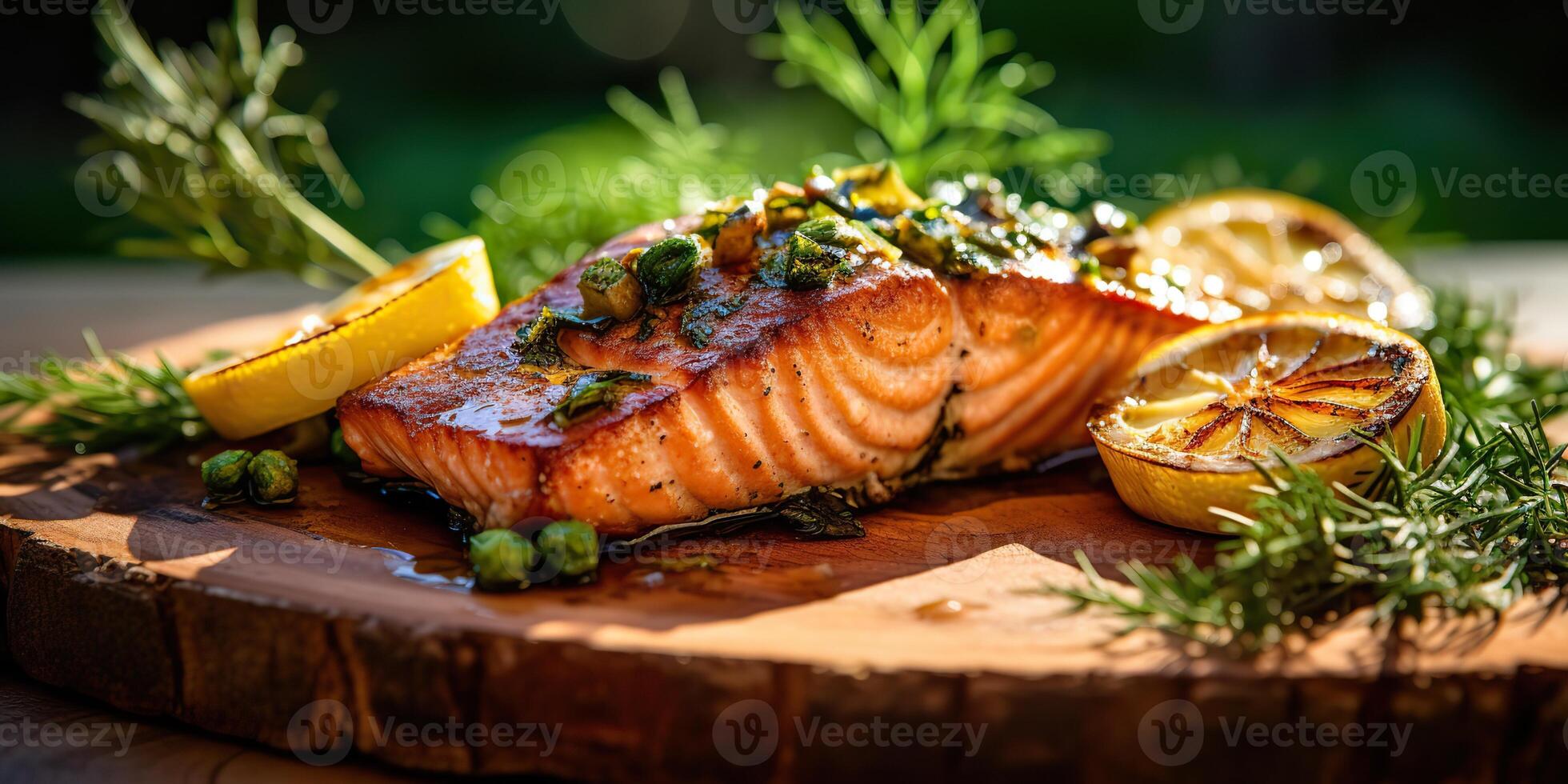 ai gegenereerd. ai generatief. foto illustratie van bbq gegrild vers gebakken steak Zalm met salade. grafisch kunst