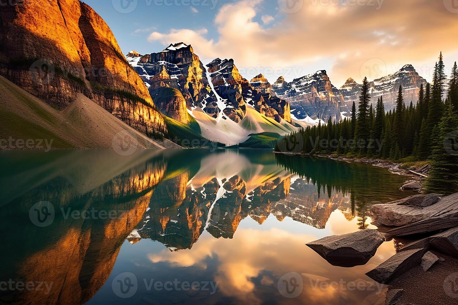 verbazingwekkend nog steeds reflecties Bij meer omringd door bergen gemaakt met generatief ai foto