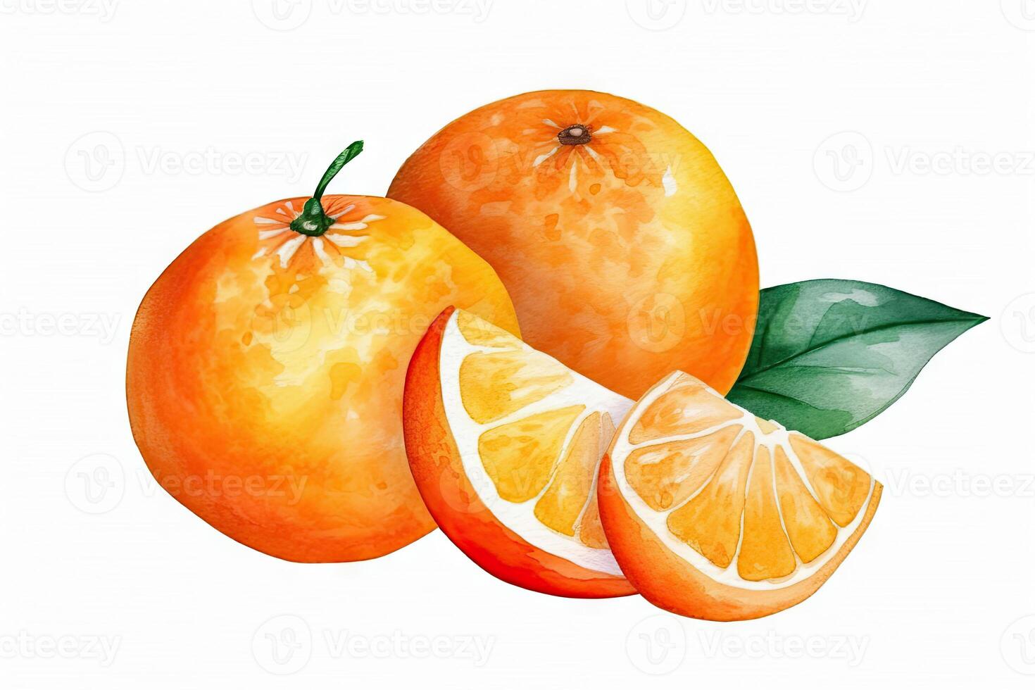 waterverf van sinaasappels en plakjes clip art geïsoleerd Aan wit achtergrond, populair fruit citrus, schilderij ontwerp concepten, met generatief ai. foto