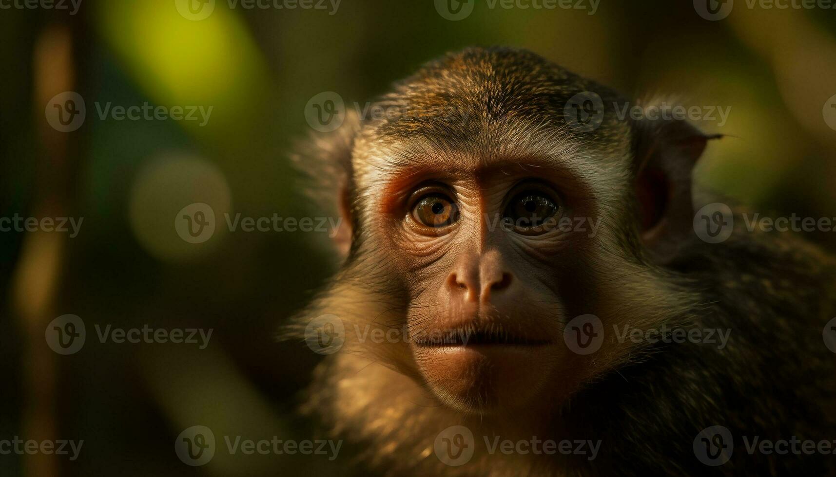 schattig makaak zittend in tropisch Woud kalmte gegenereerd door ai foto