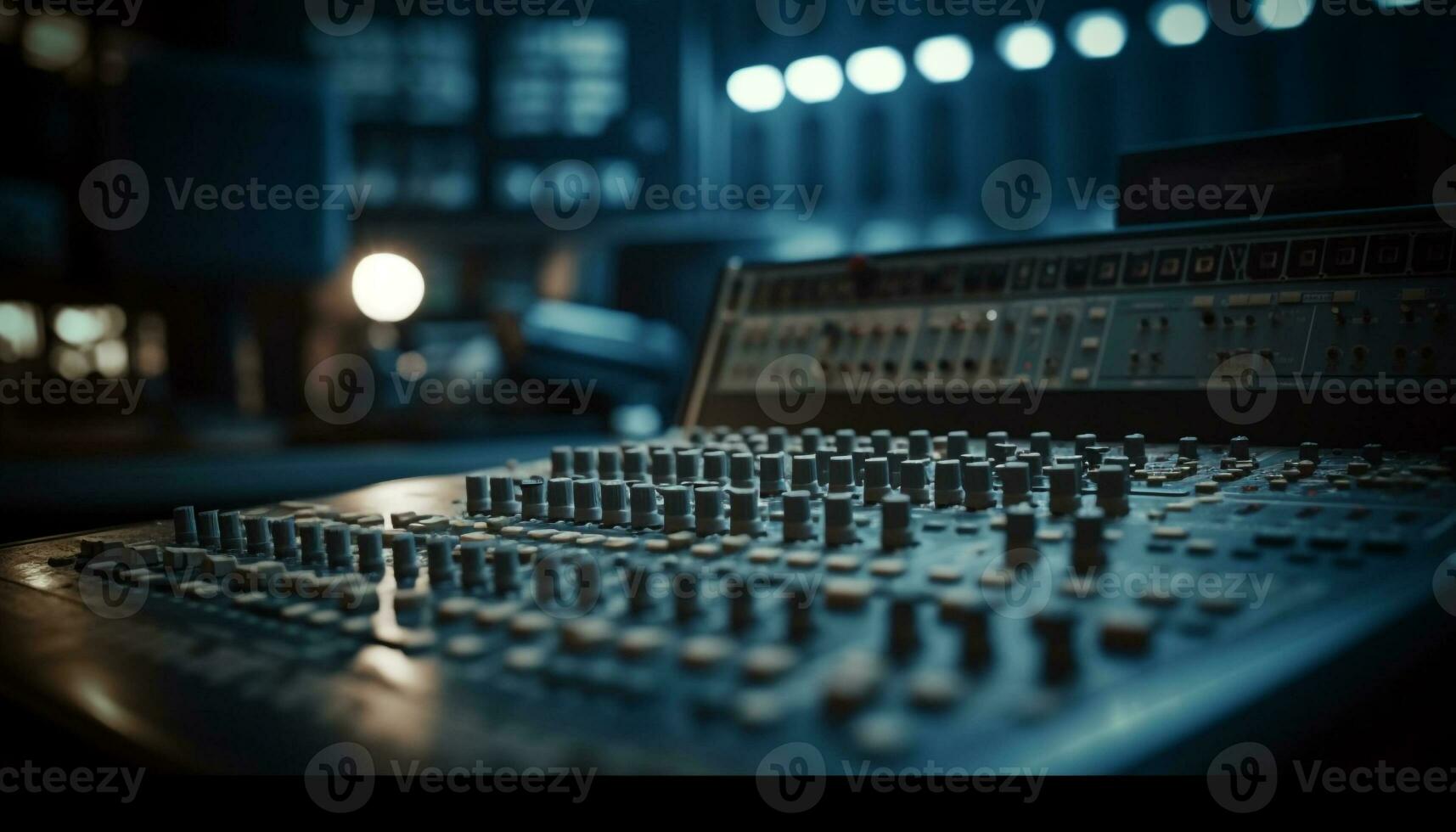 blauw knop controles geluid menger in studio gegenereerd door ai foto