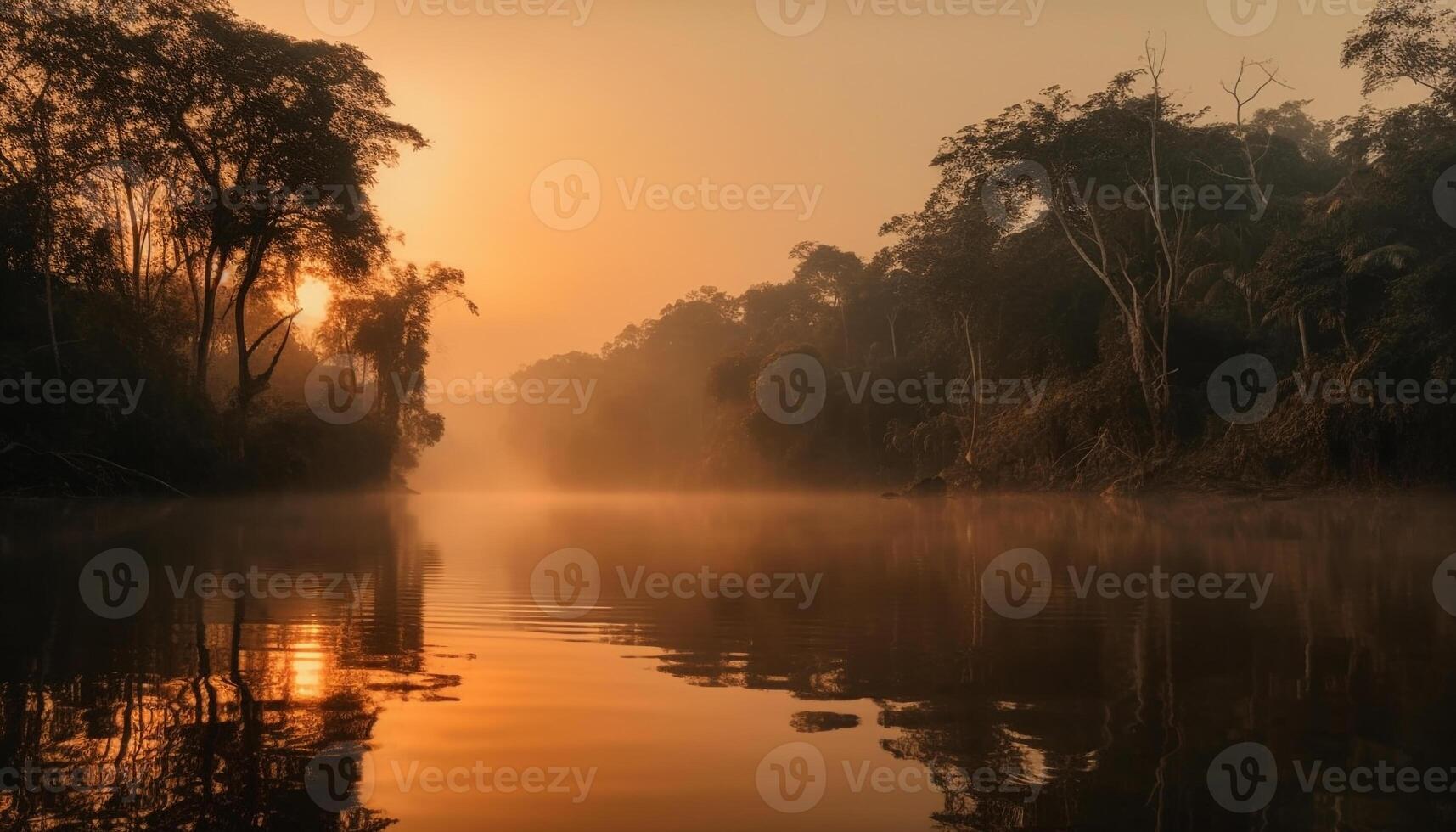 gouden zon reeksen, reflecterend Aan rustig vijver gegenereerd door ai foto