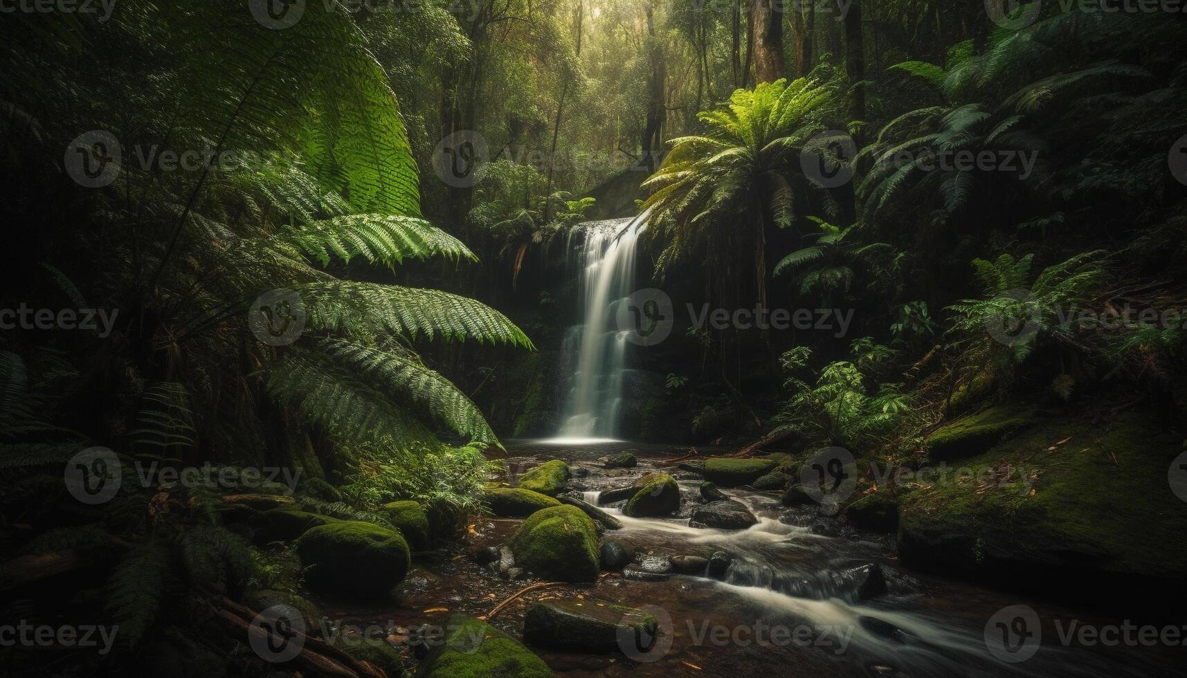 rustig tafereel van vloeiende water in Woud gegenereerd door ai foto