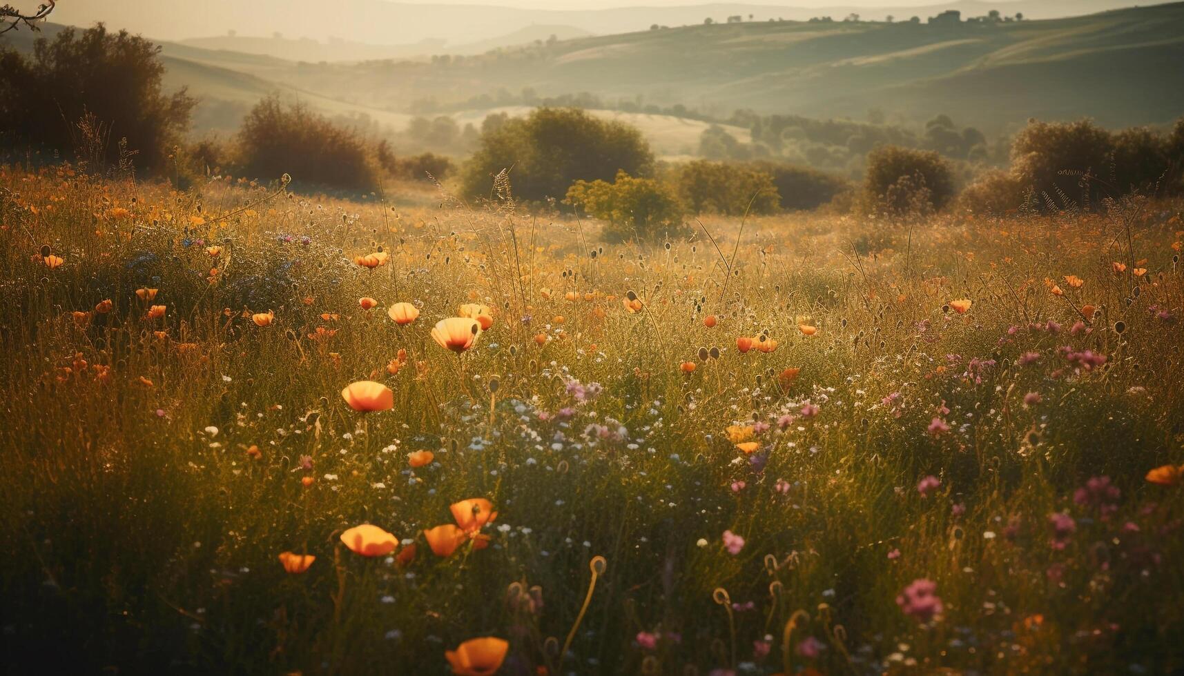 wilde bloemen bloeien in levendig weide Bij zonsondergang gegenereerd door ai foto