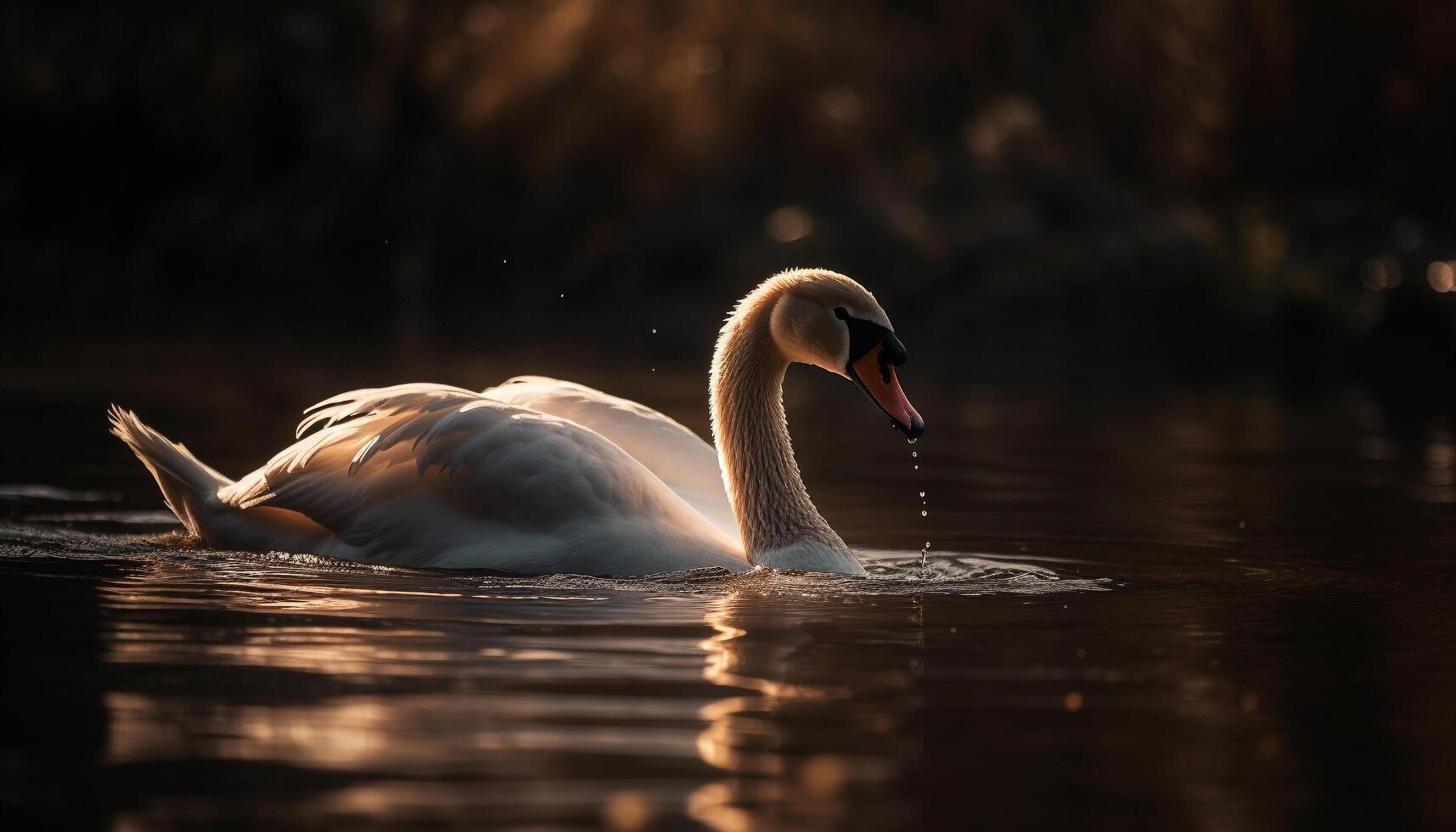 majestueus zwaan glijdt Aan rustig water oppervlakte gegenereerd door ai foto