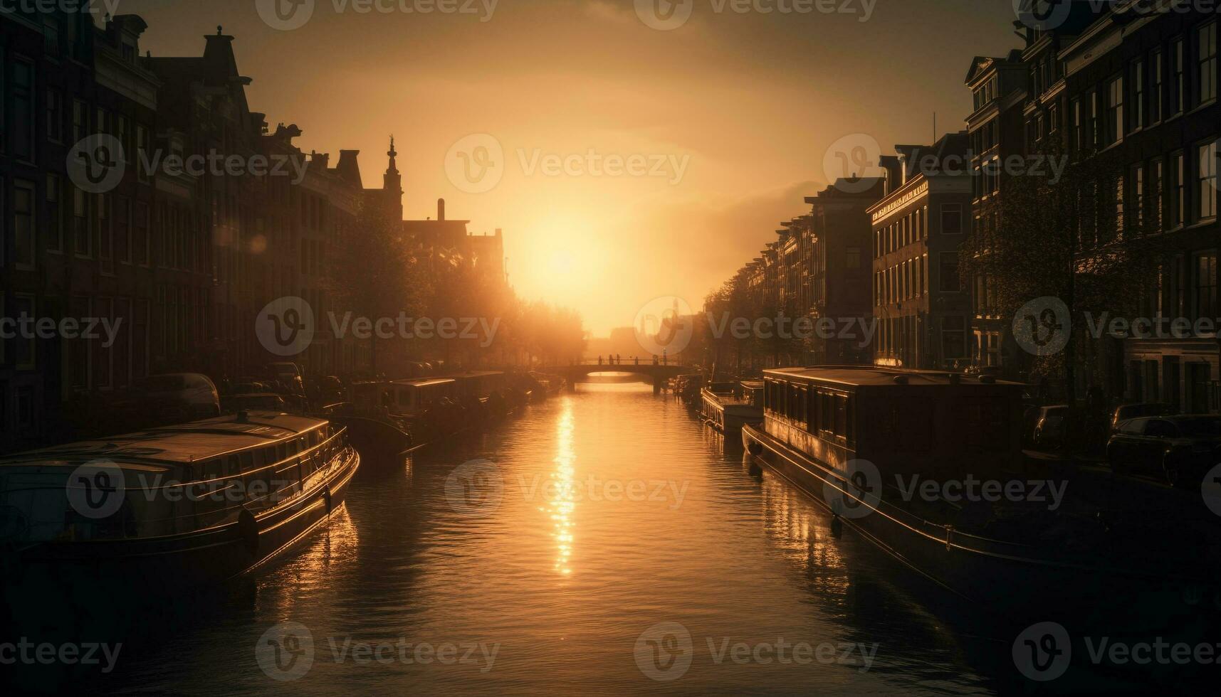 silhouet van nautische vaartuig Aan verlichte waterkant gegenereerd door ai foto