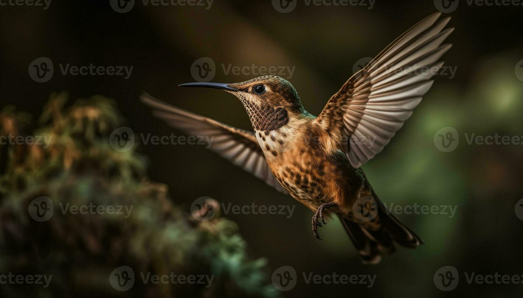kolibrie zweven midden lucht, iriserend veren verspreiding gegenereerd door ai foto