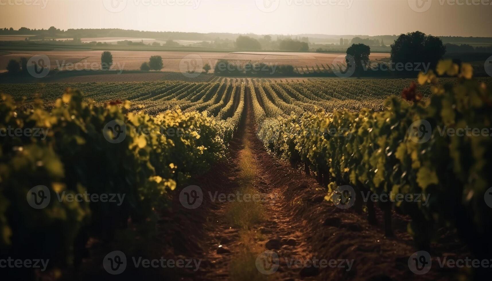 zon gekust wijngaard rijen opbrengst biologisch herfst wijn gegenereerd door ai foto