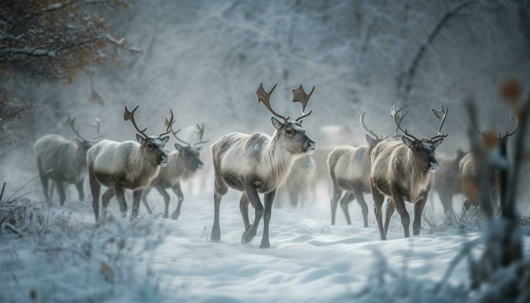 kudde van gehoornd hert staand in sneeuw generatief ai foto