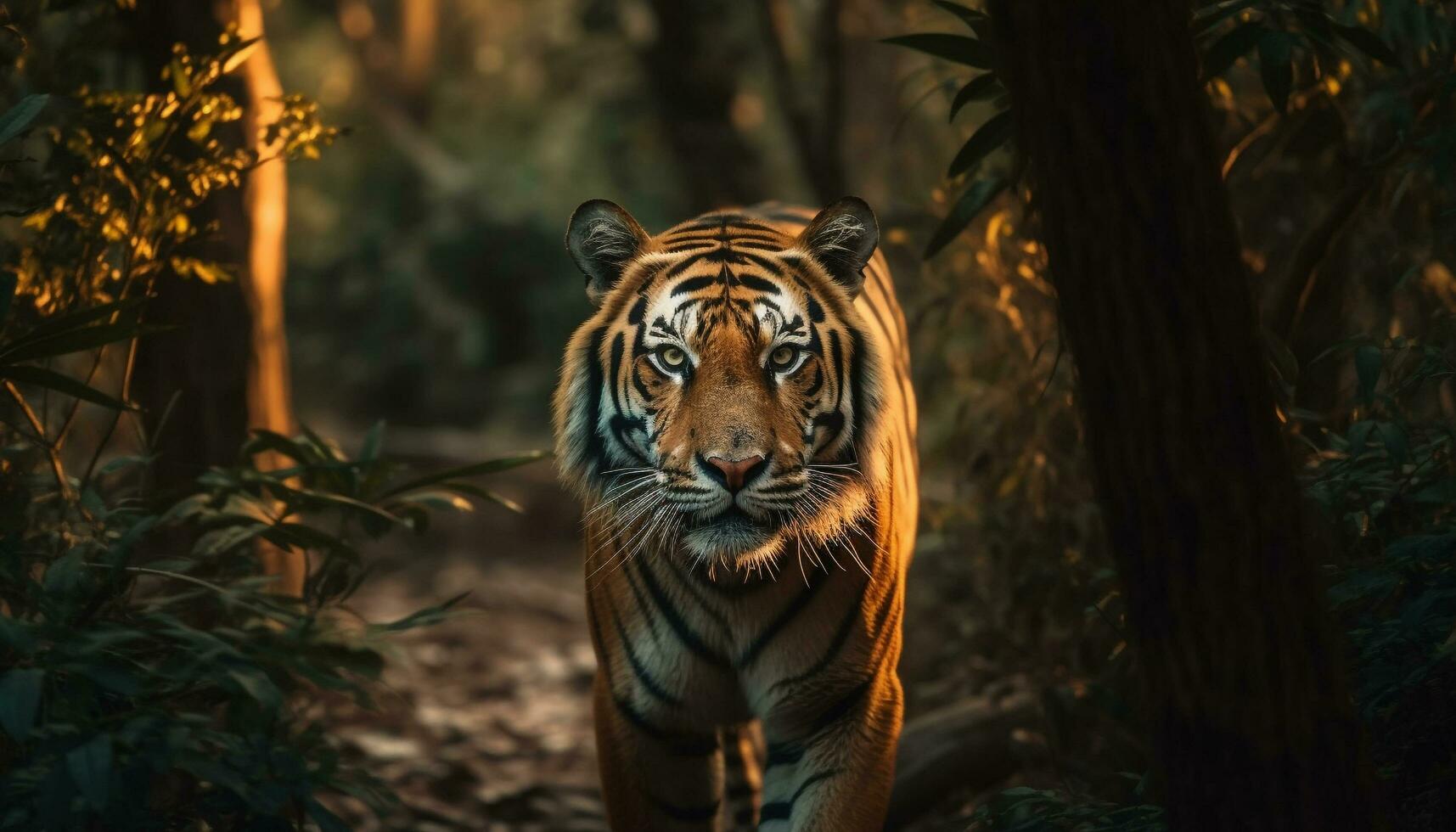 Bengalen tijger wandelen majestueus in tropisch Woud gegenereerd door ai foto
