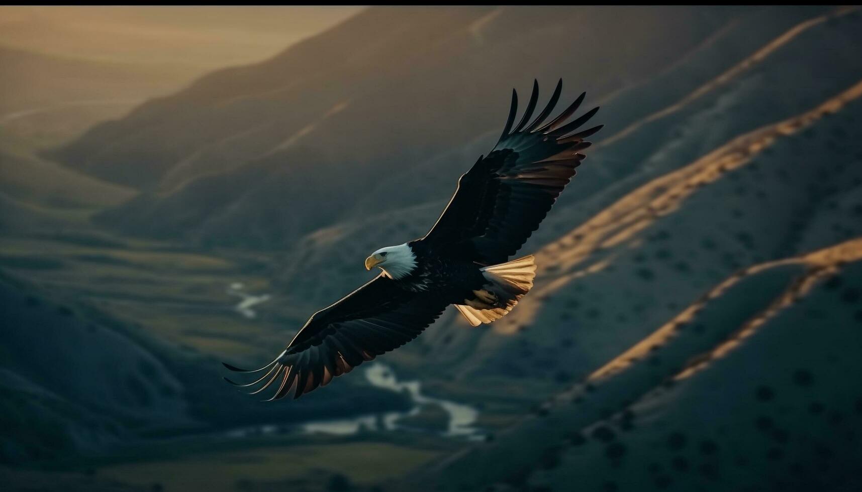 kaal adelaar stijgt midden lucht, majestueus vrijheid gegenereerd door ai foto