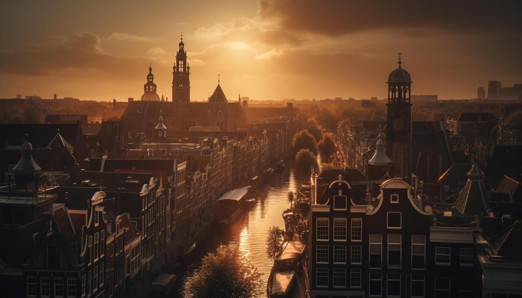 middeleeuws toren verlicht door zonsondergang in oud stad- gegenereerd door ai foto