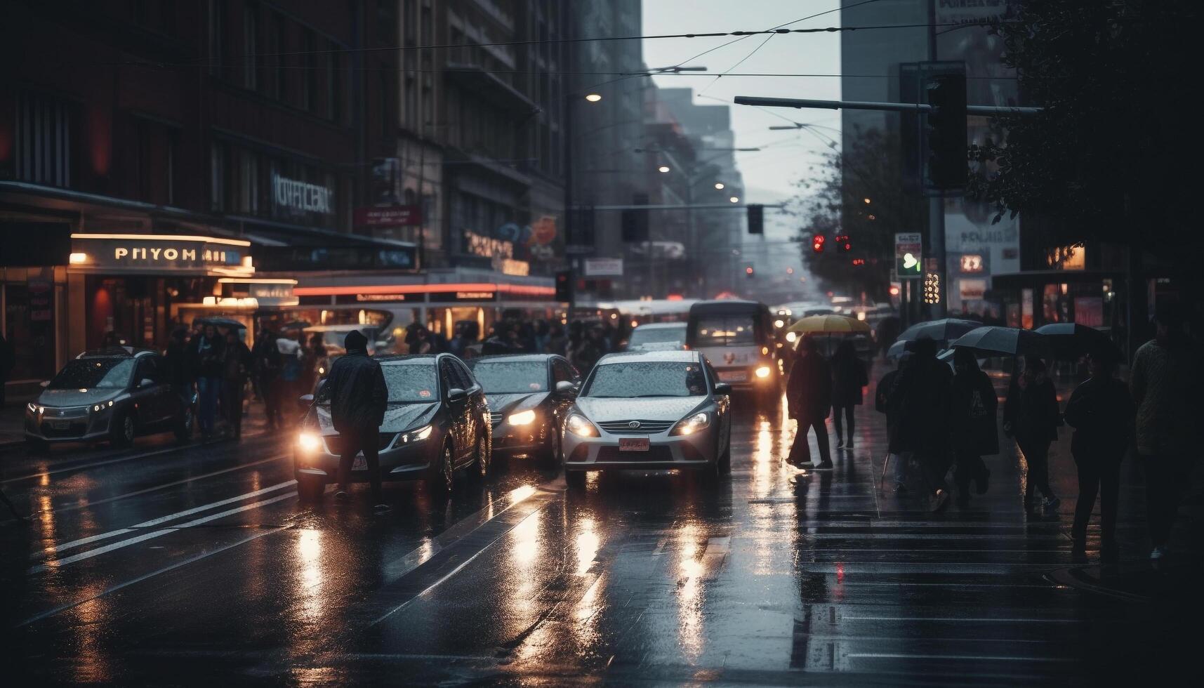 wazig beweging, druk straten, verlichte stad leven gegenereerd door ai foto